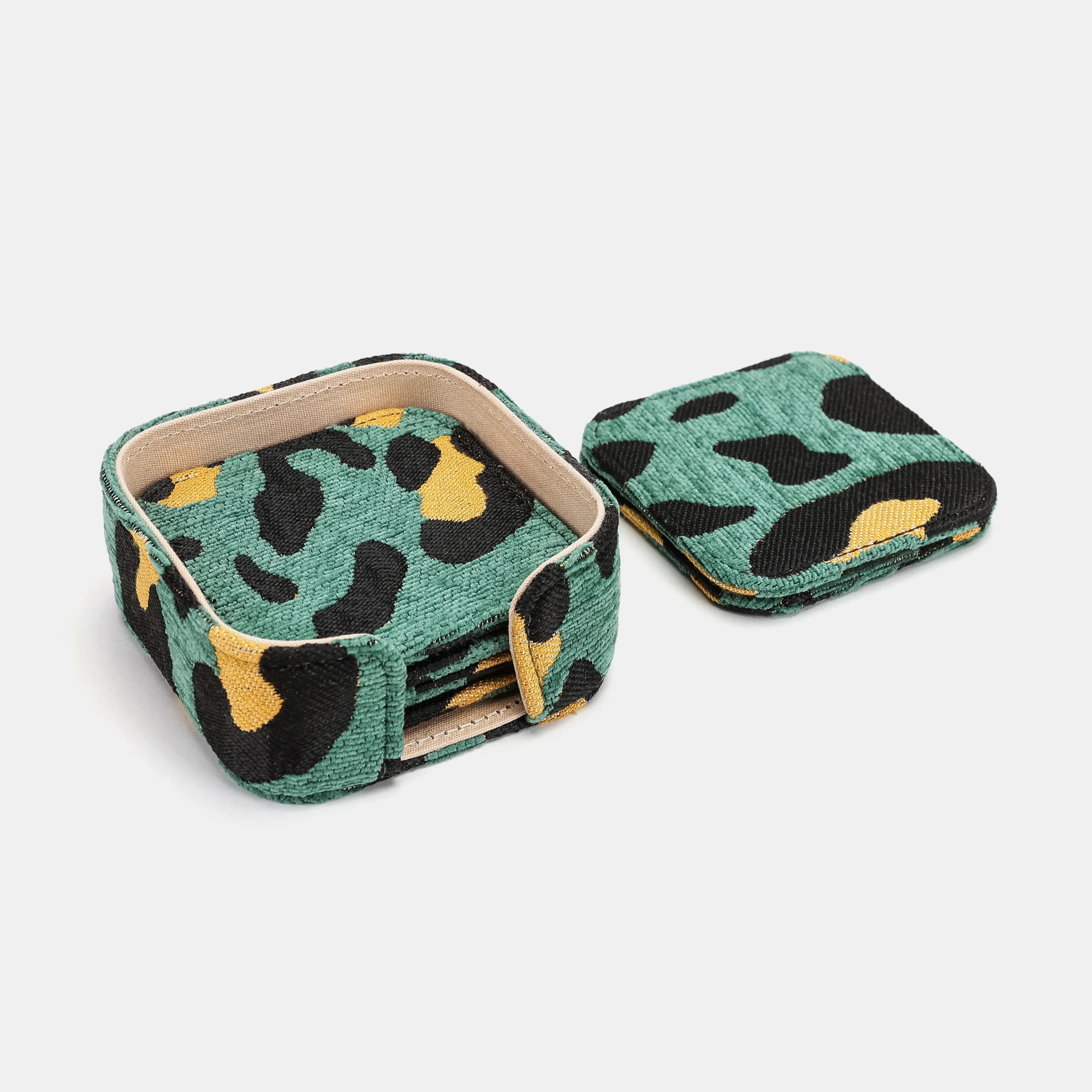 Leopard Green Square Coaster Set with Holder of America-Details