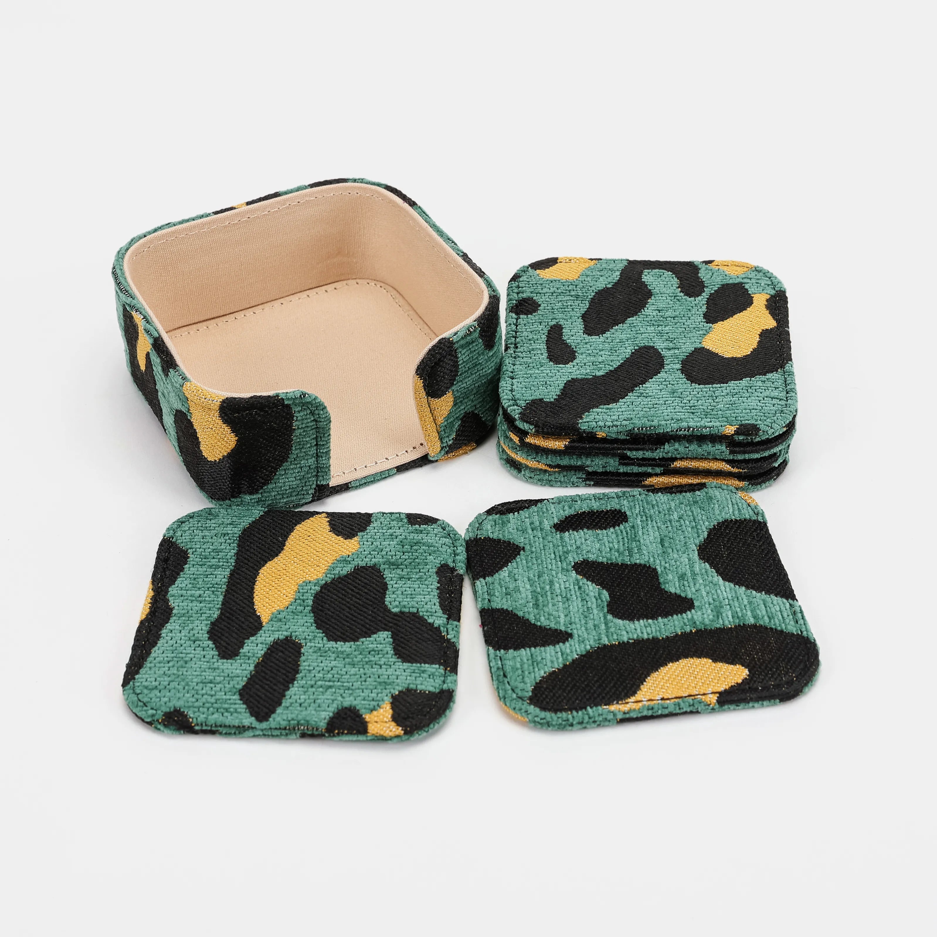 Leopard Green Square Coaster Set with Holder of America-Set details