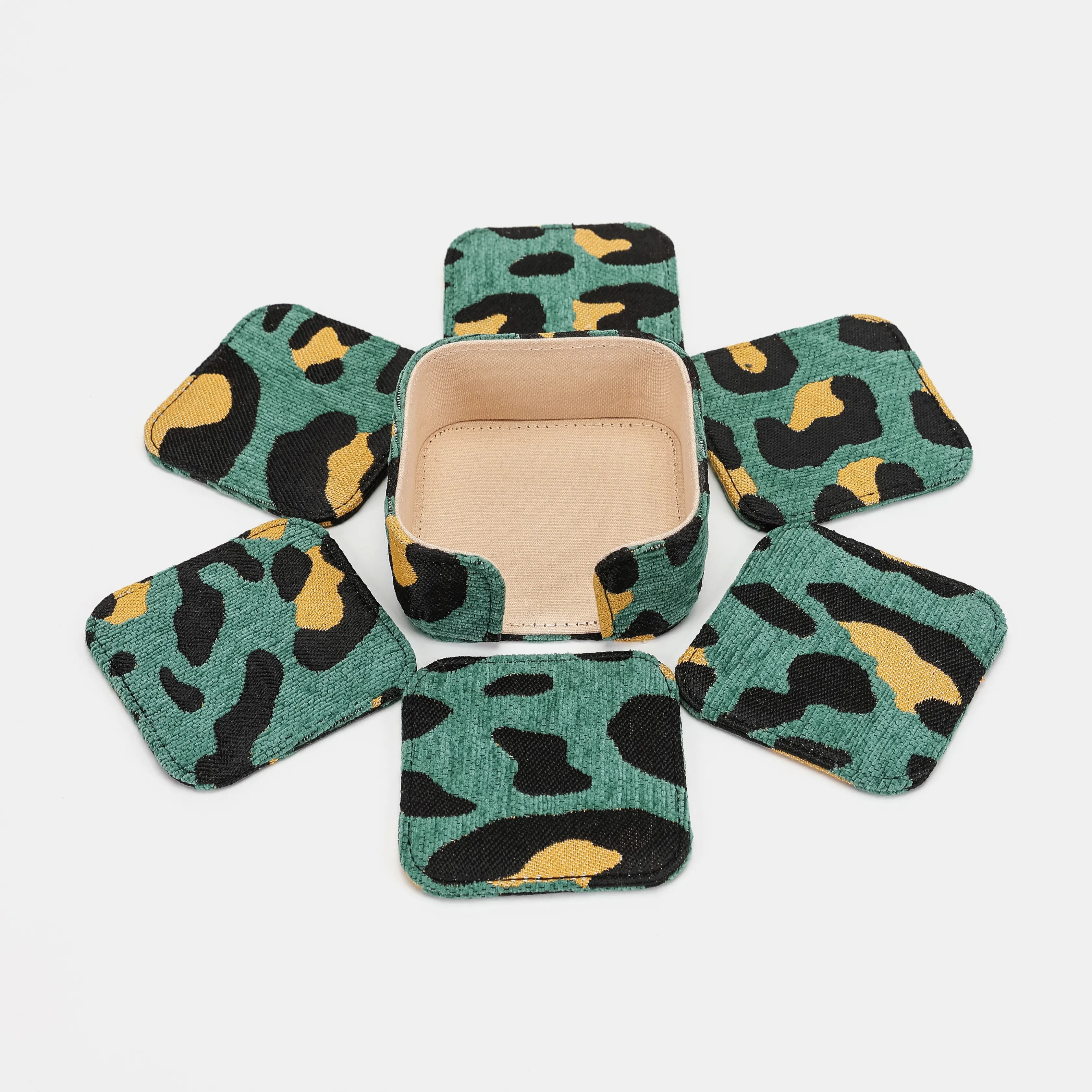 Leopard Green Square Coaster Set with Holder of America-6 pcs with holder