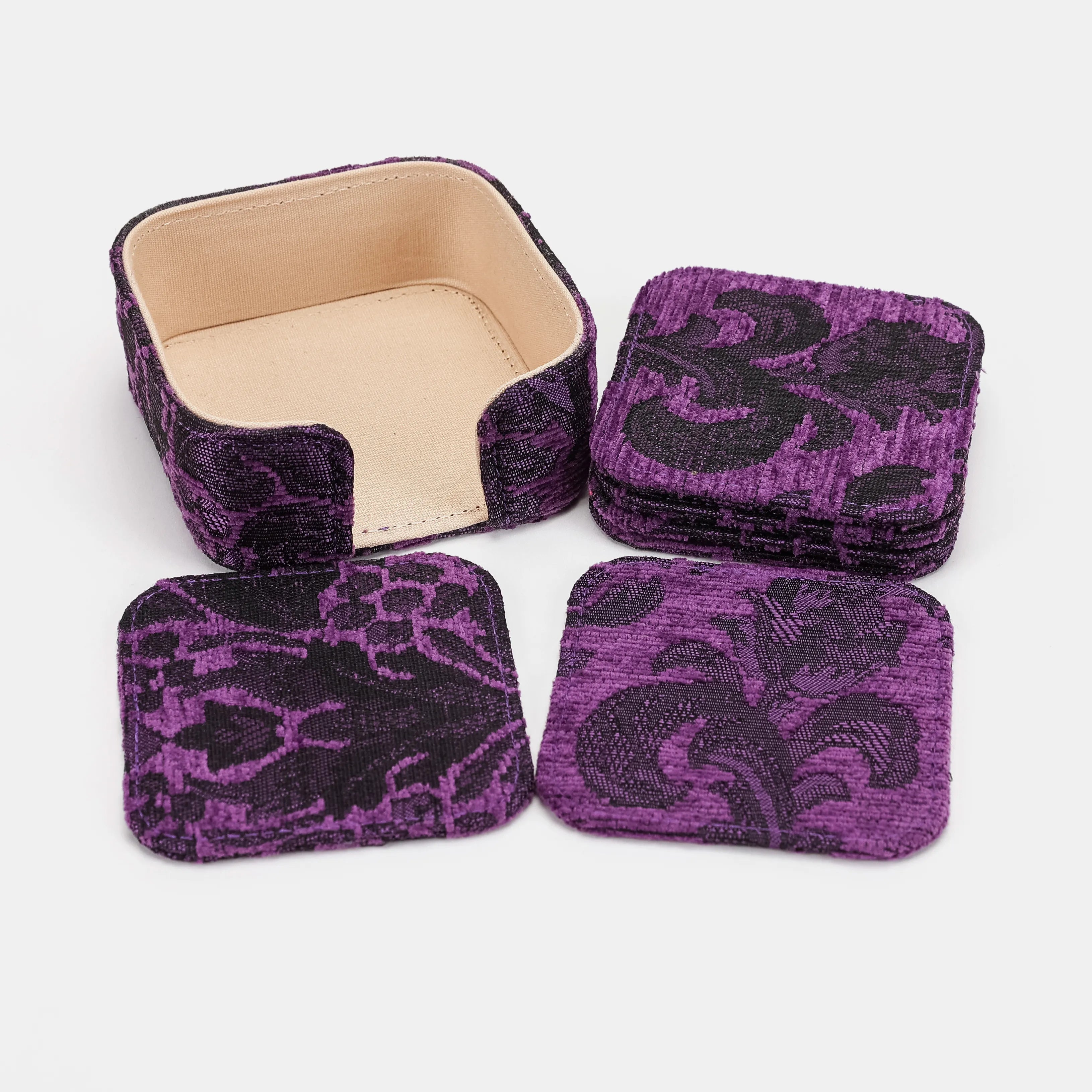 Victorian Blossom Purple Square Coaster Set with Holder of America-Set details