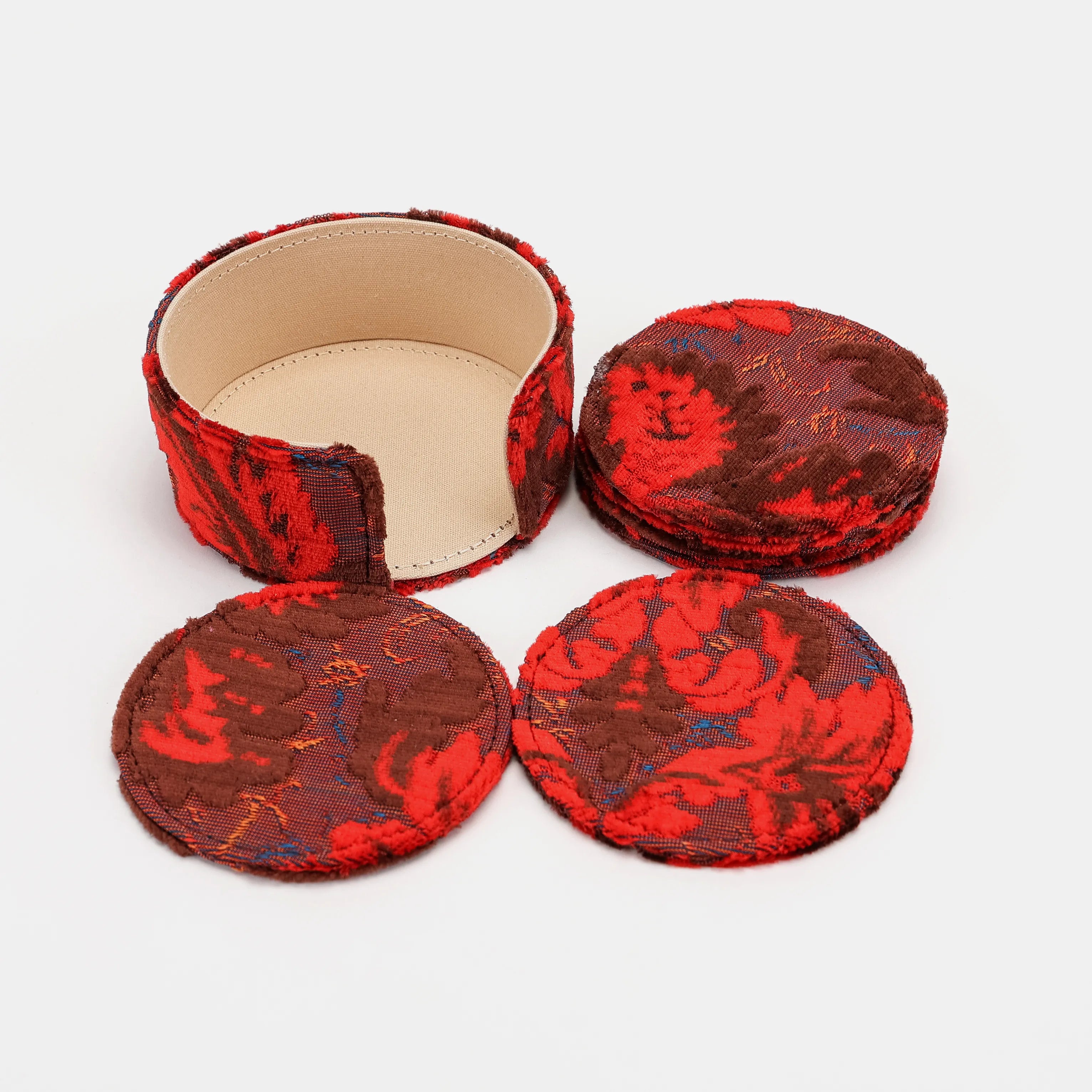 Burnout Velvet Revival Scarlet Round Coaster Set with Holder of America-Set details