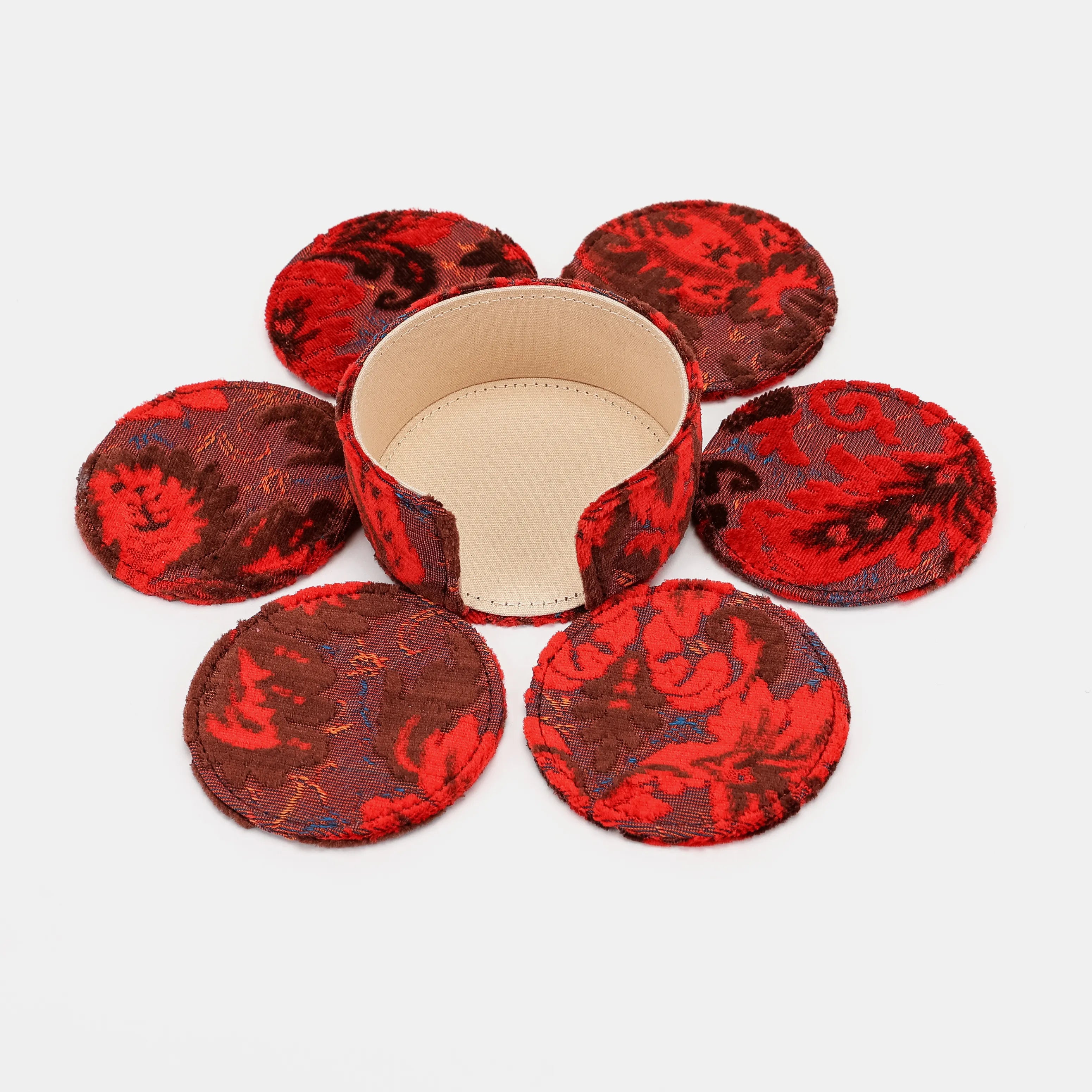 Burnout Velvet Revival Scarlet Round Coaster Set with Holder of America-6 pcs with holder