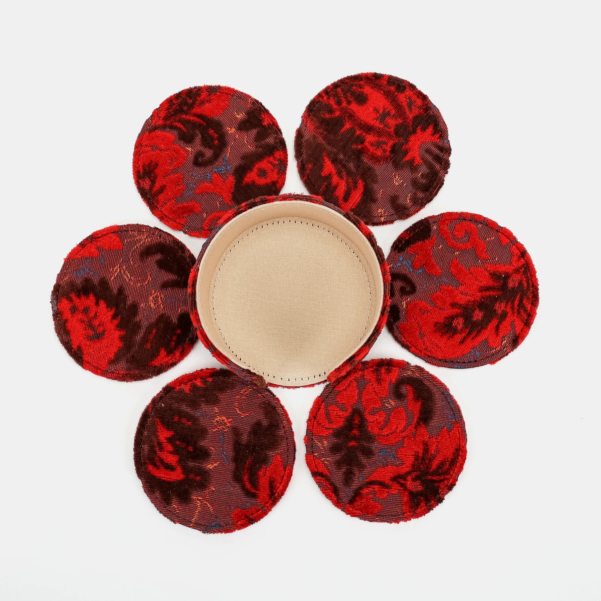Burnout Velvet Revival Scarlet Round Coaster Set with Holder of America-6 pcs set