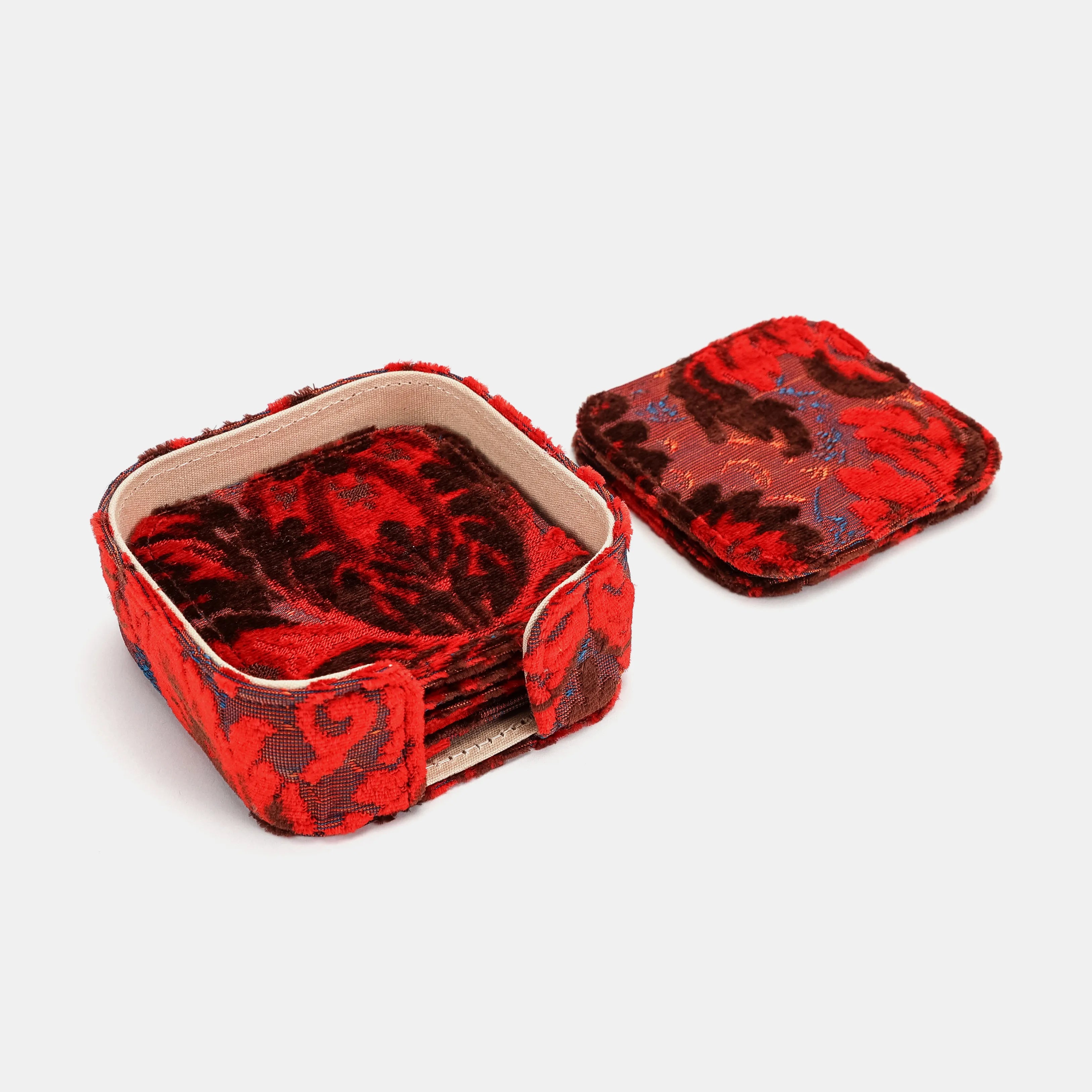 Burnout Velvet Revival Scarlet Square Coaster Set with Holder of America-Details