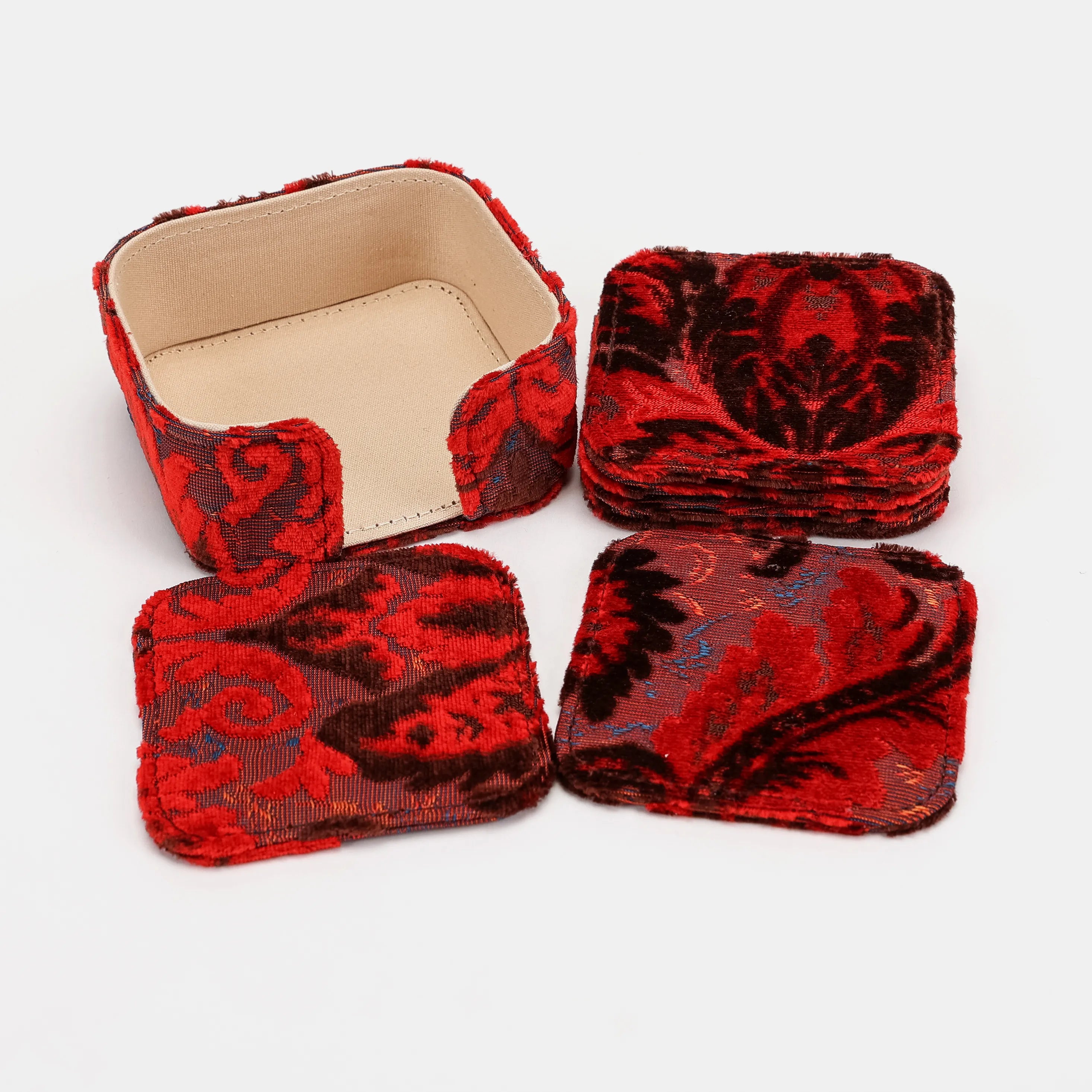 Burnout Velvet Revival Scarlet Square Coaster Set with Holder of America-Set details