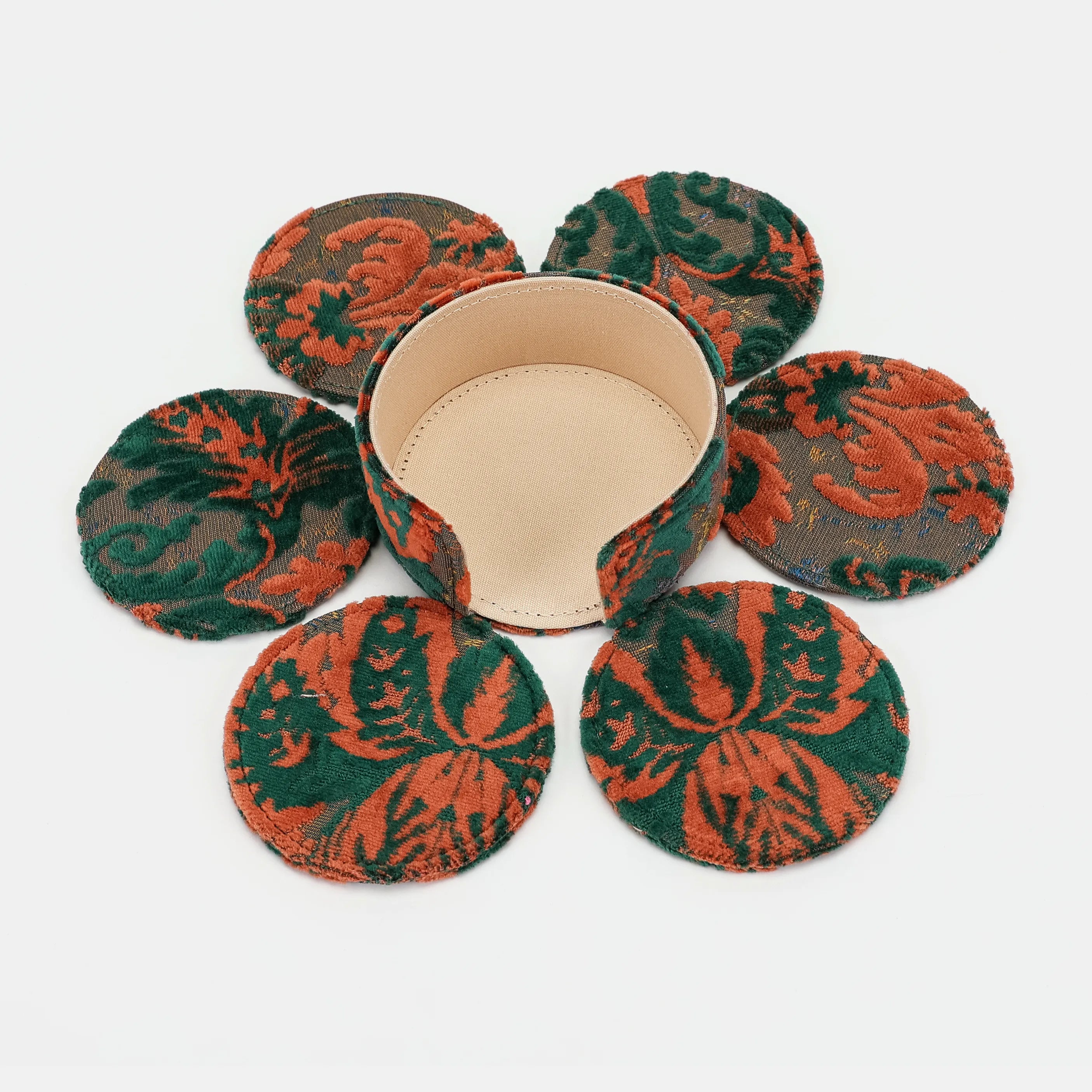 Burnout Velvet Revival Jade Round Coaster Set with Holder of America-6 pcs with holder