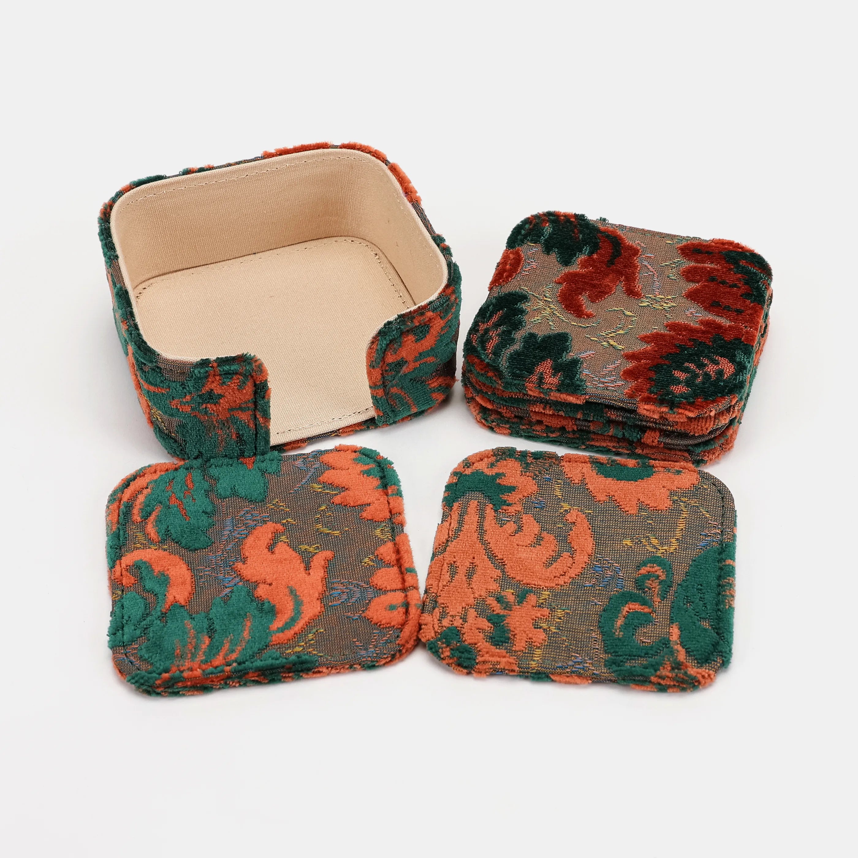 Burnout Velvet Revival Jade Square Coaster Set with Holder of America-Set details
