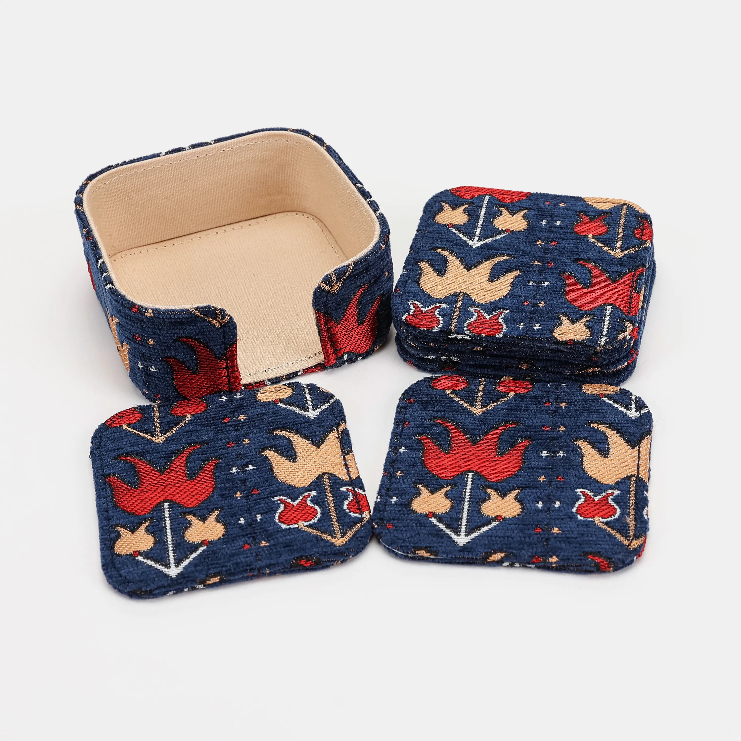 Poppy Bloom Square Coaster Set with Holder of America-Set details