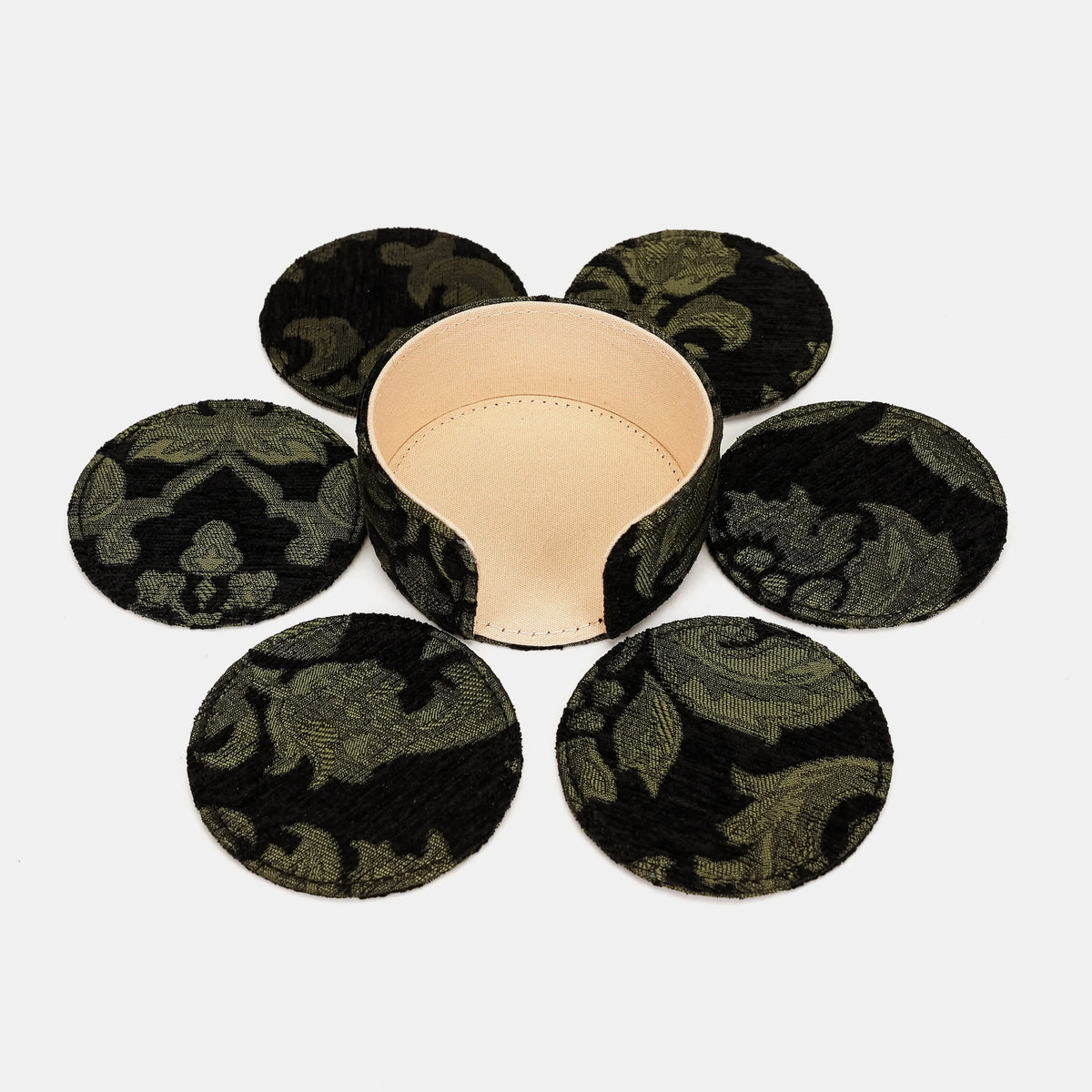 Victorian Blossom Black/Green Round Coaster Set with Holder set