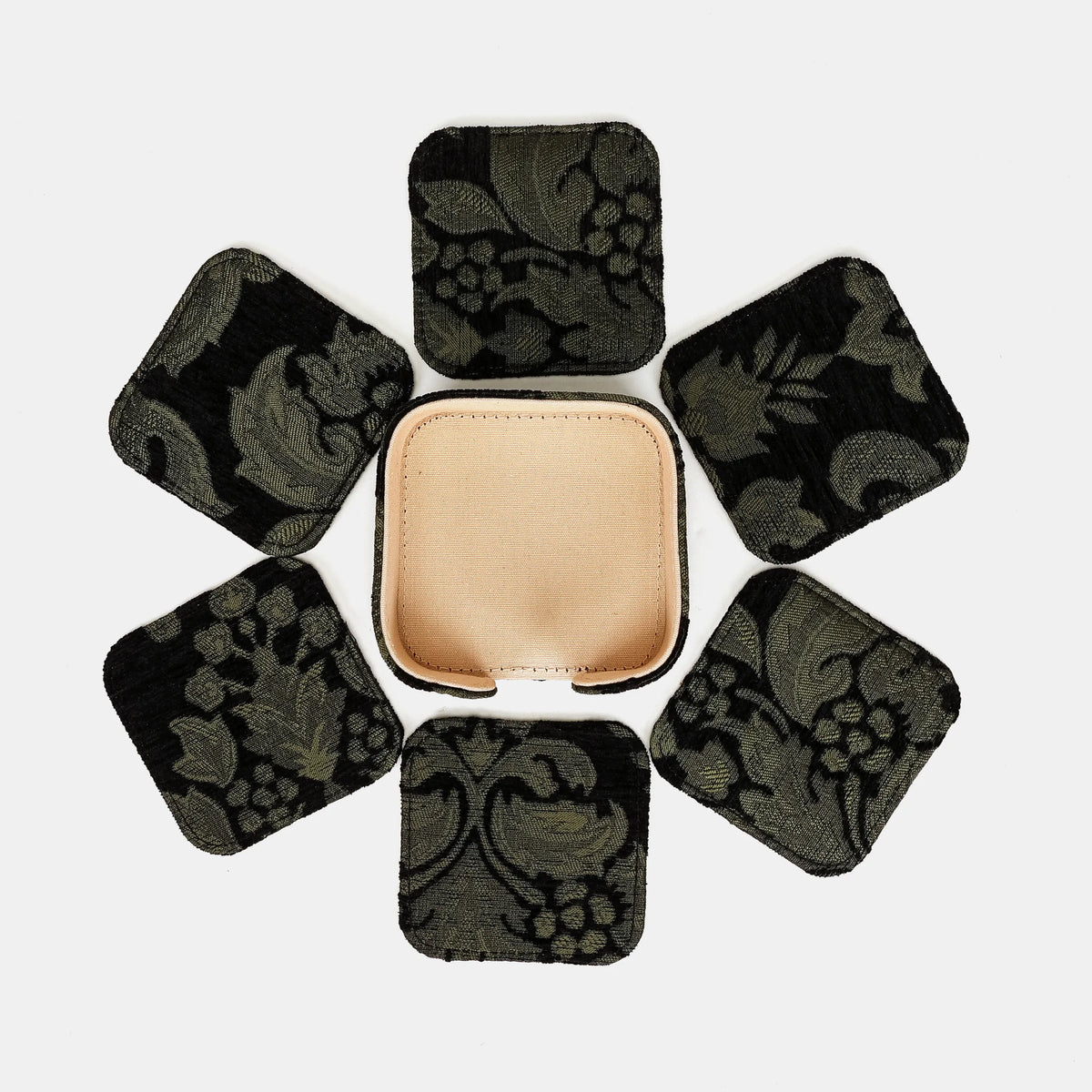 Victorian Blossom Black/Green Square Coaster Set with Holder 6 pcs