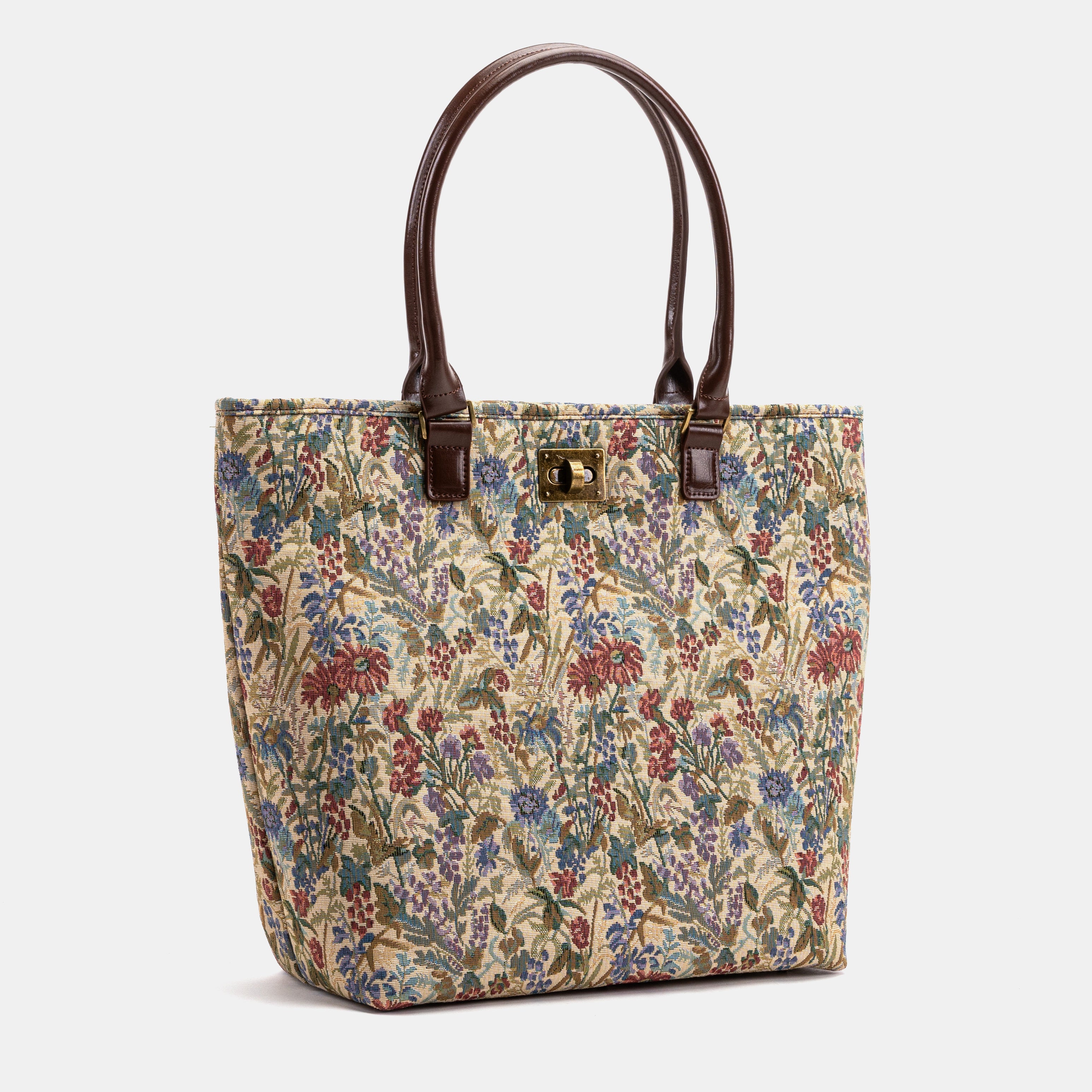 Spring Valley Mint Carpet Tote Shopper bag with brown handles on a light gray background