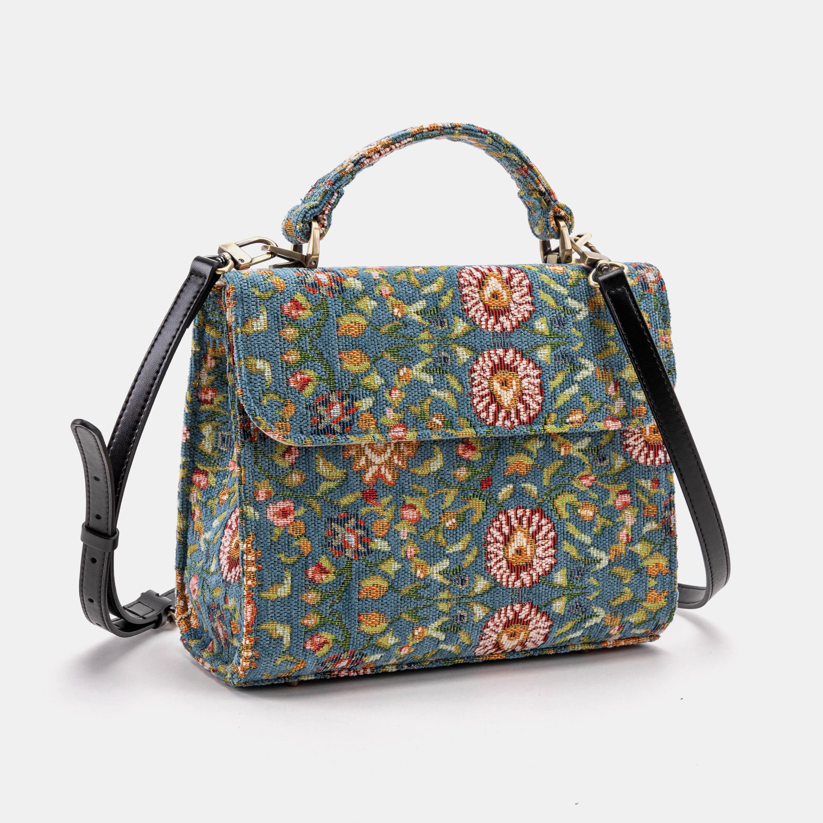 Oriental Blue Flap Satchel Carpetbag of America with shoulder strap
