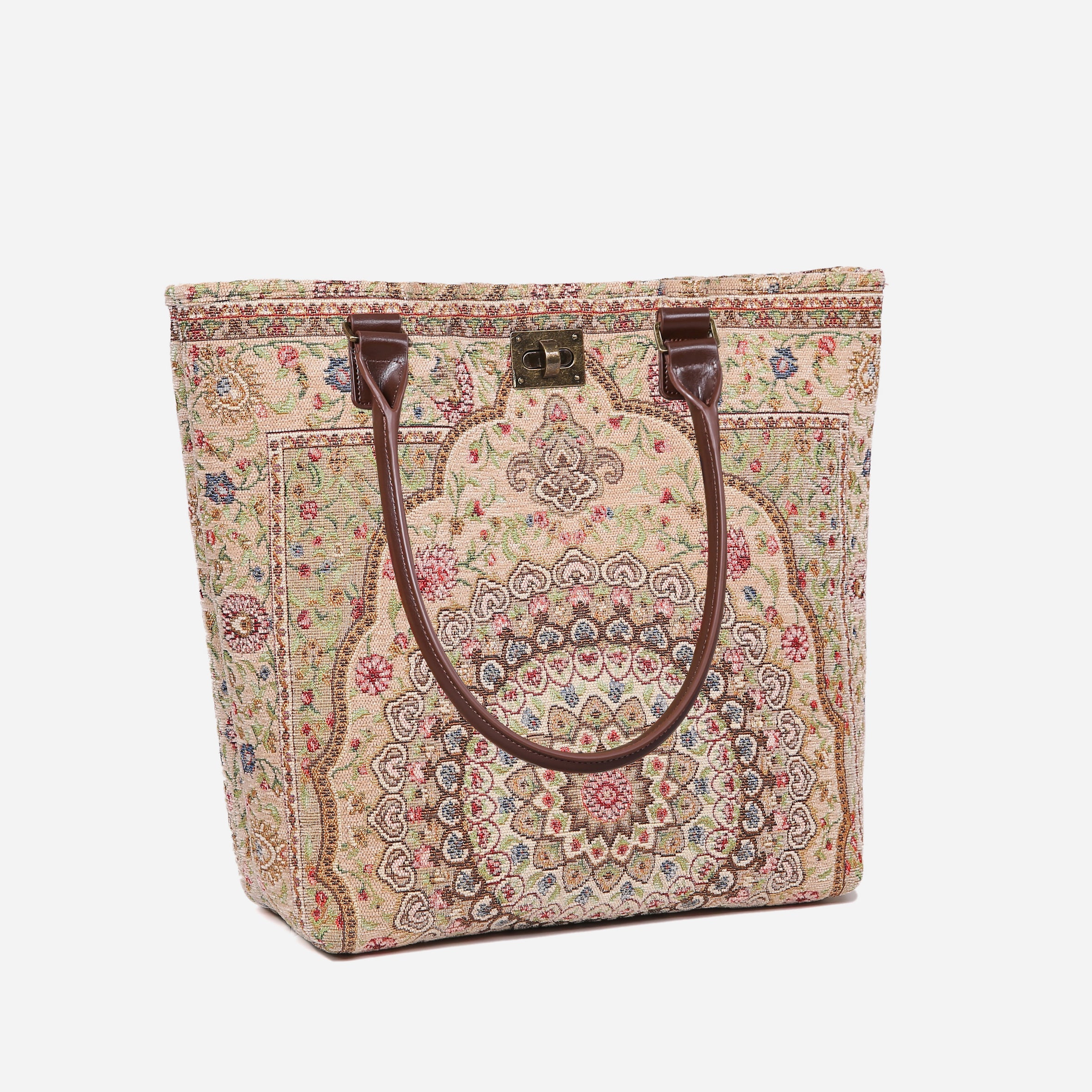 Oriental Beige Carpet Tote Shopper Carpetbag of America handle down