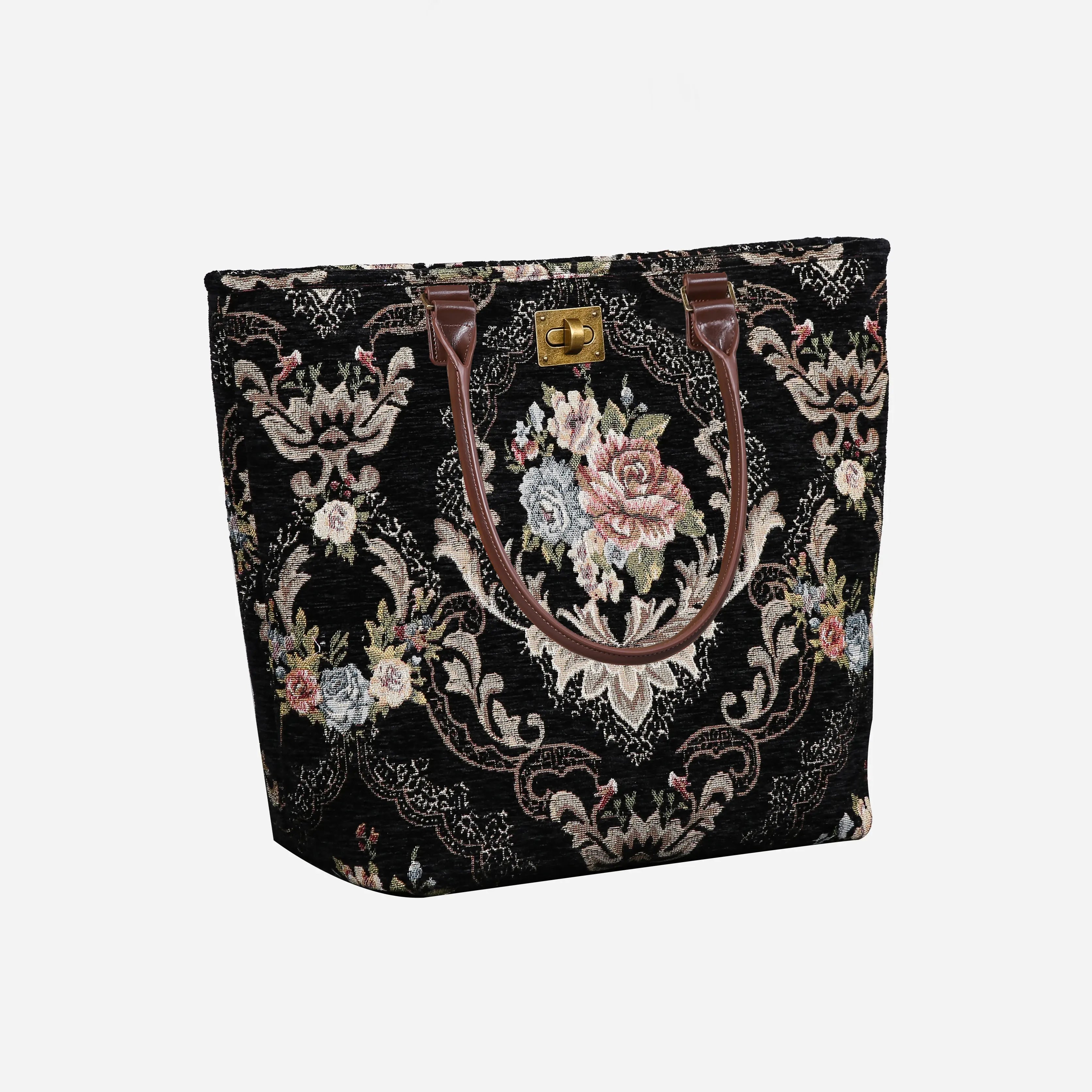 Floral Black Carpet Tote Shopper Carpetbag of America handle down