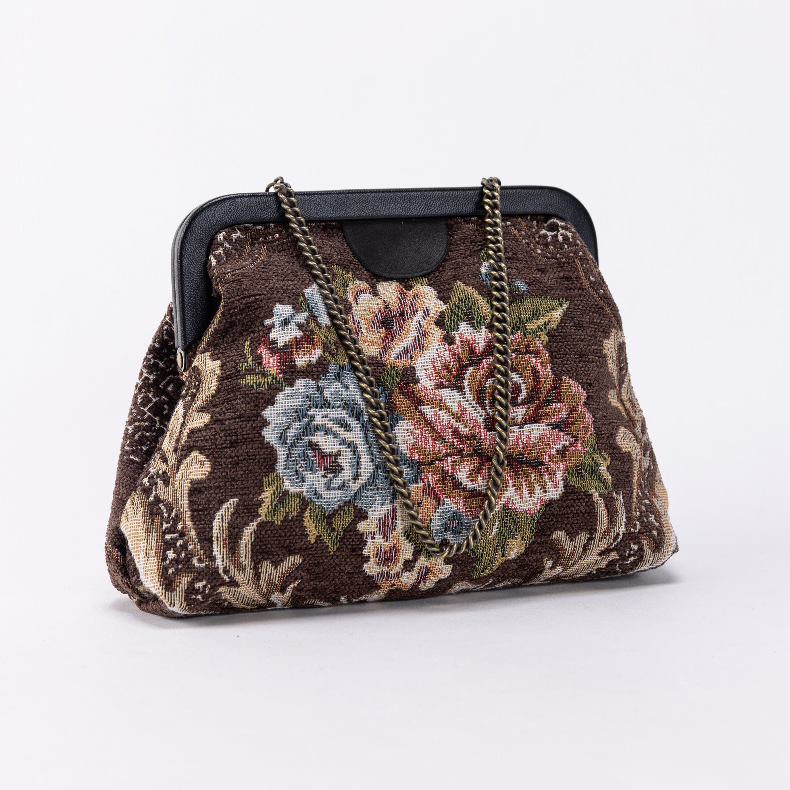 Floral Brown Alma Evening Clutch Carpet Bag of America front side