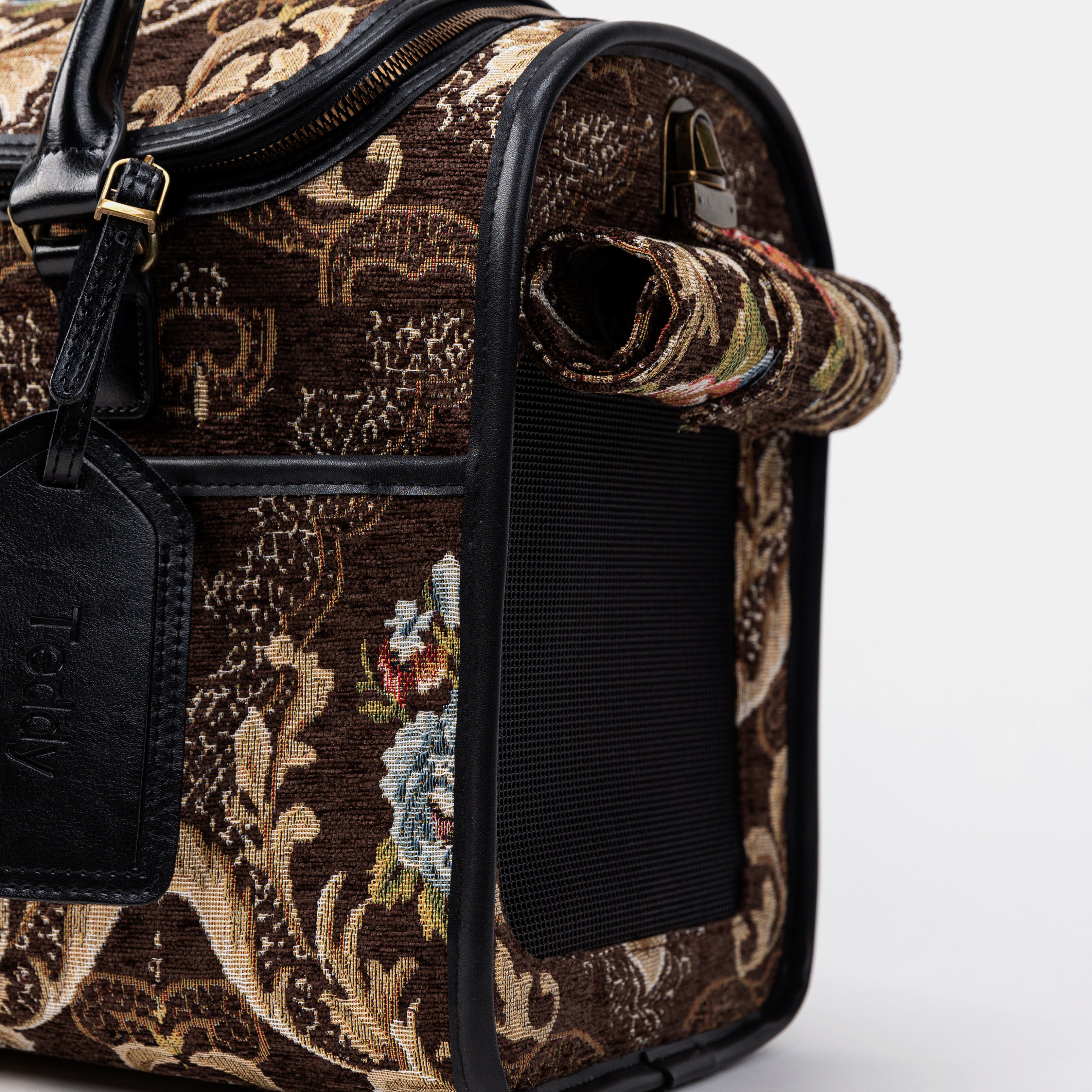 Travel Dog Carrier Bag Floral Brown Tag