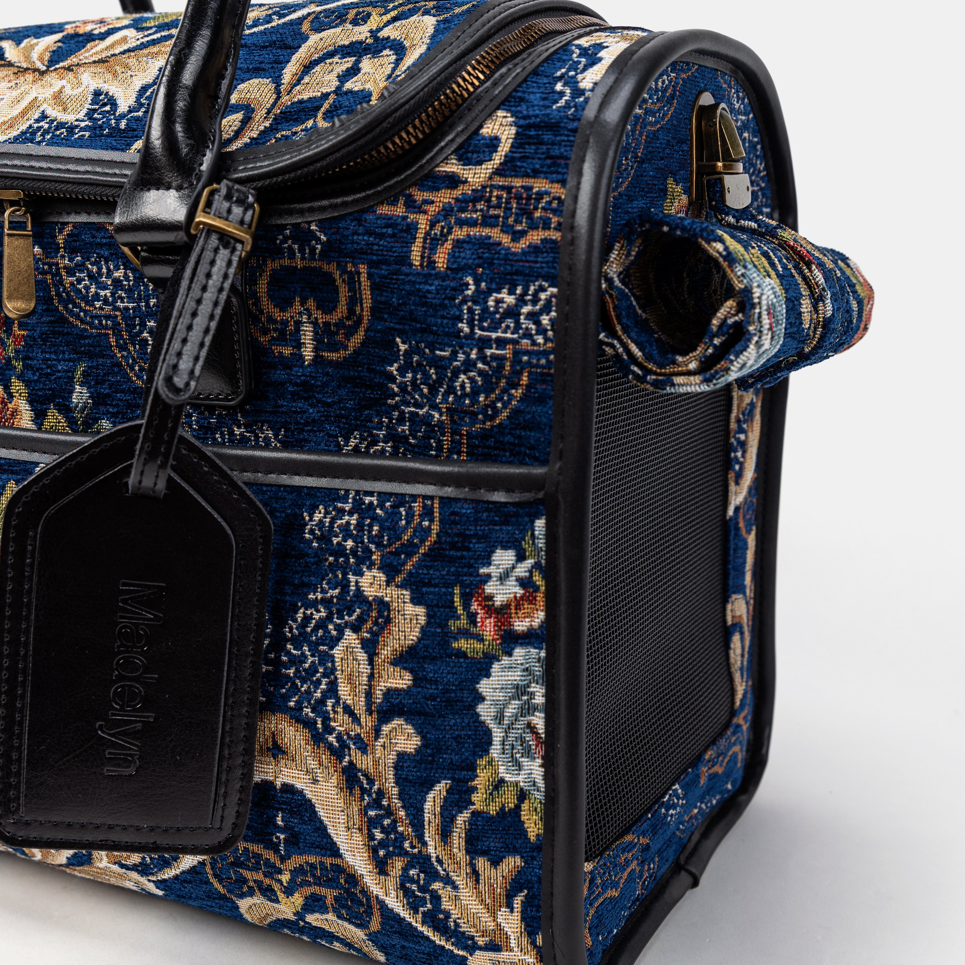Travel Dog Carrier Bag Floral Blue Tag