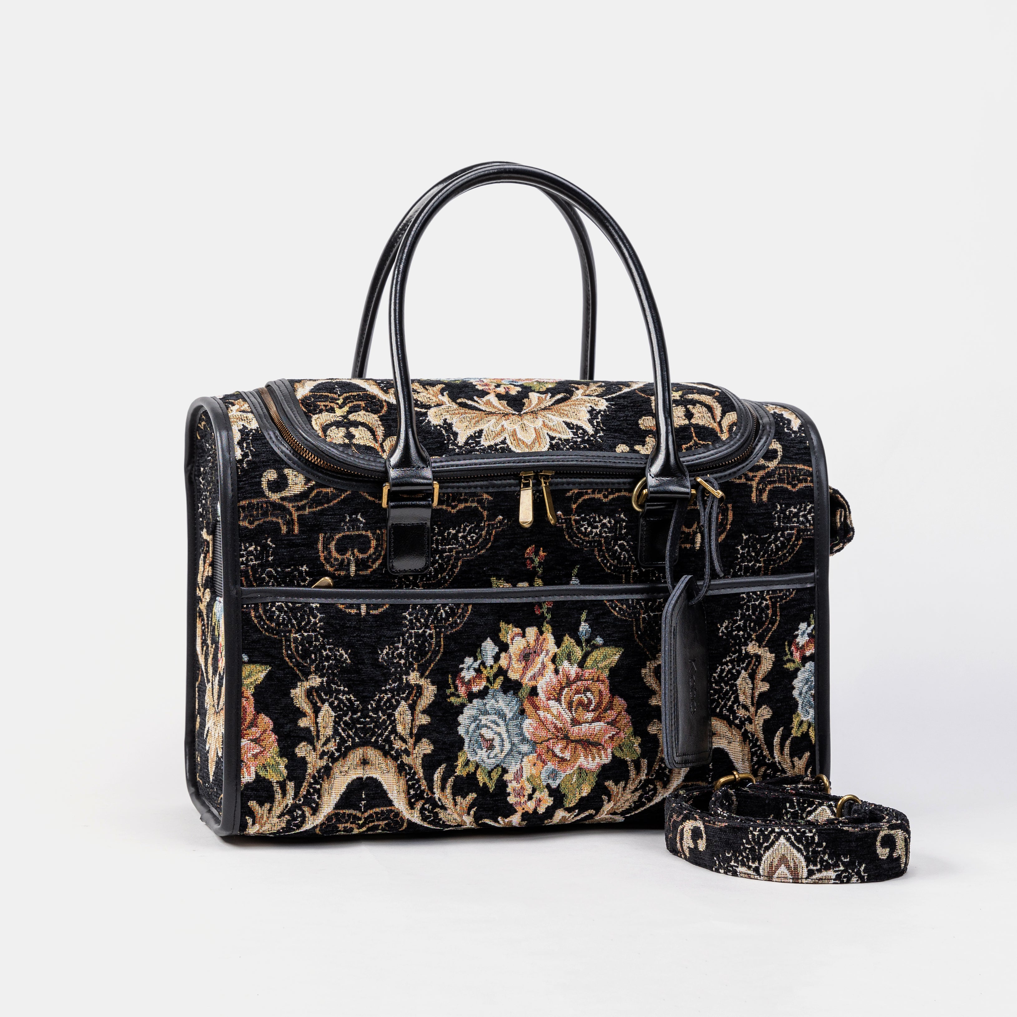 Travel Dog Carrier Bag Floral Black Shoulder Strap