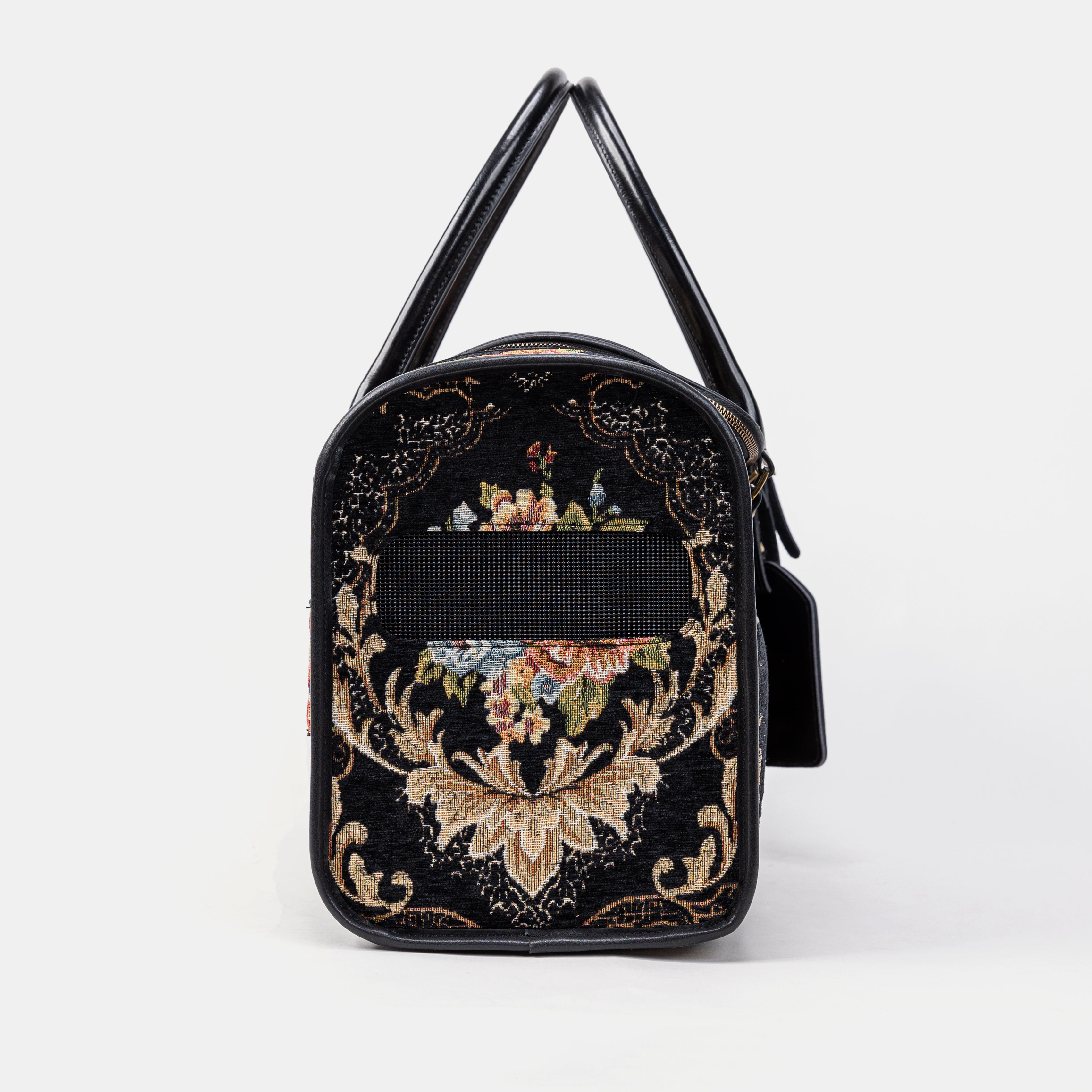Travel Dog Carrier Bag Floral Black Side Mesh