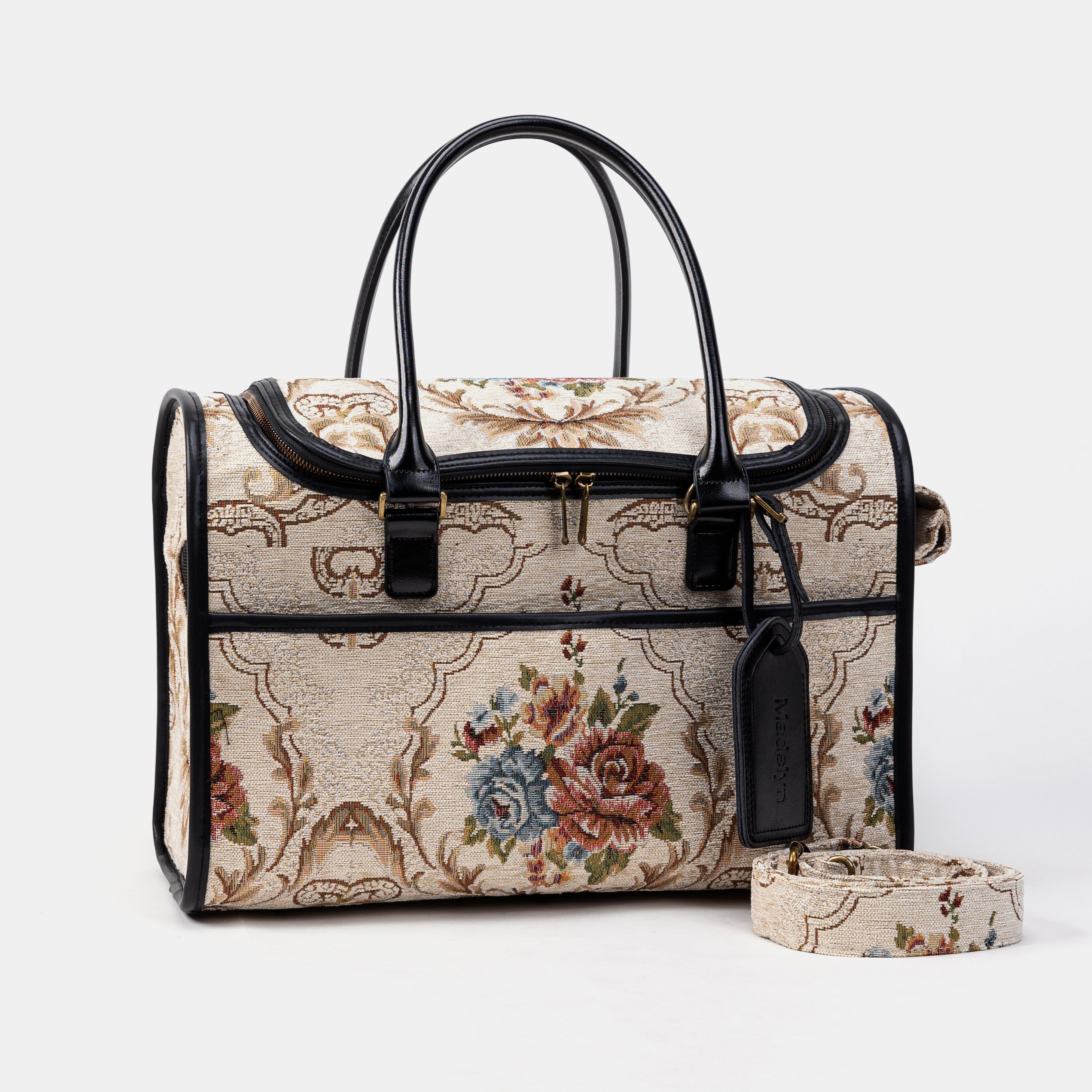 Travel Dog Carrier Bag Floral Cream Shoulder Strap