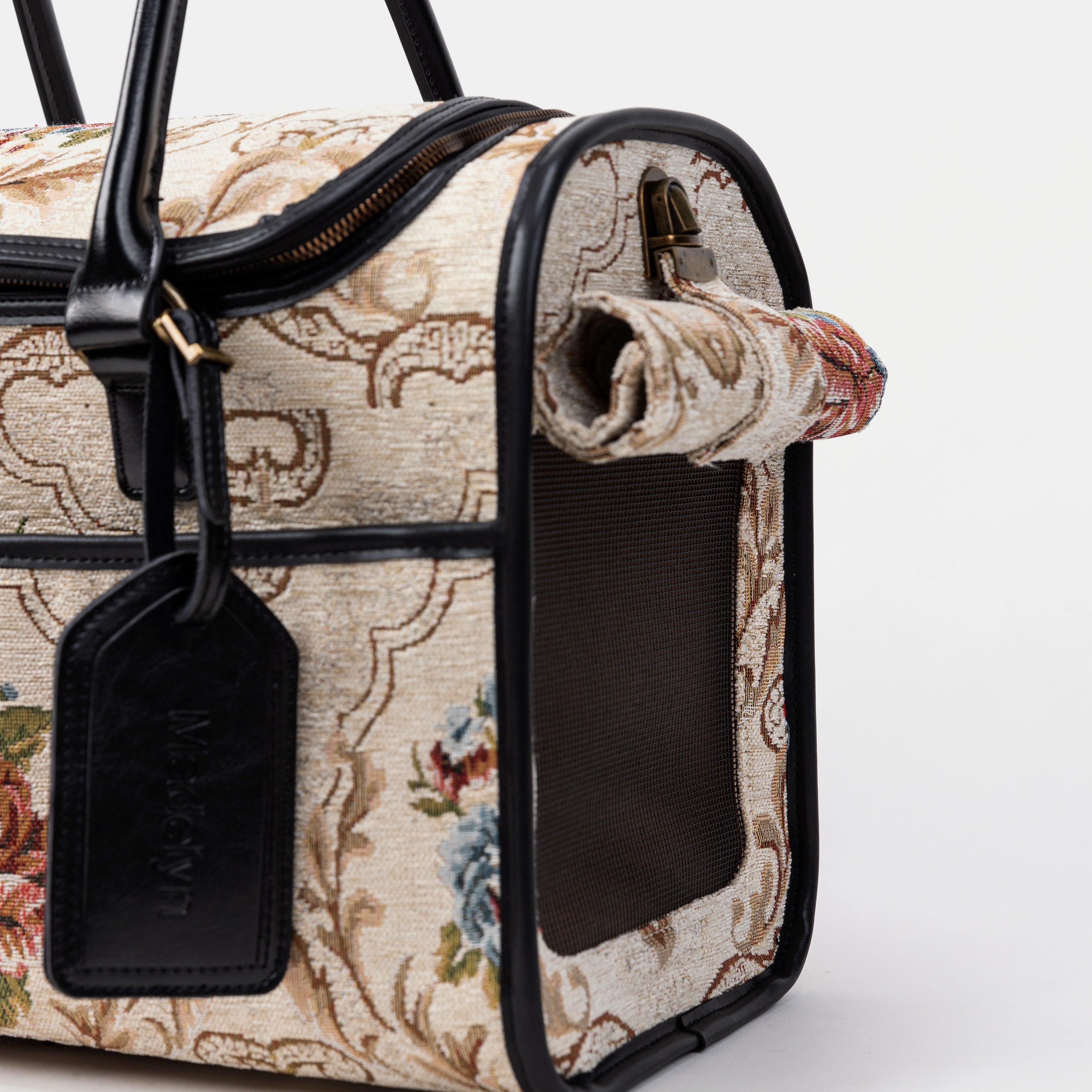 Travel Dog Carrier Bag Floral Cream Tag