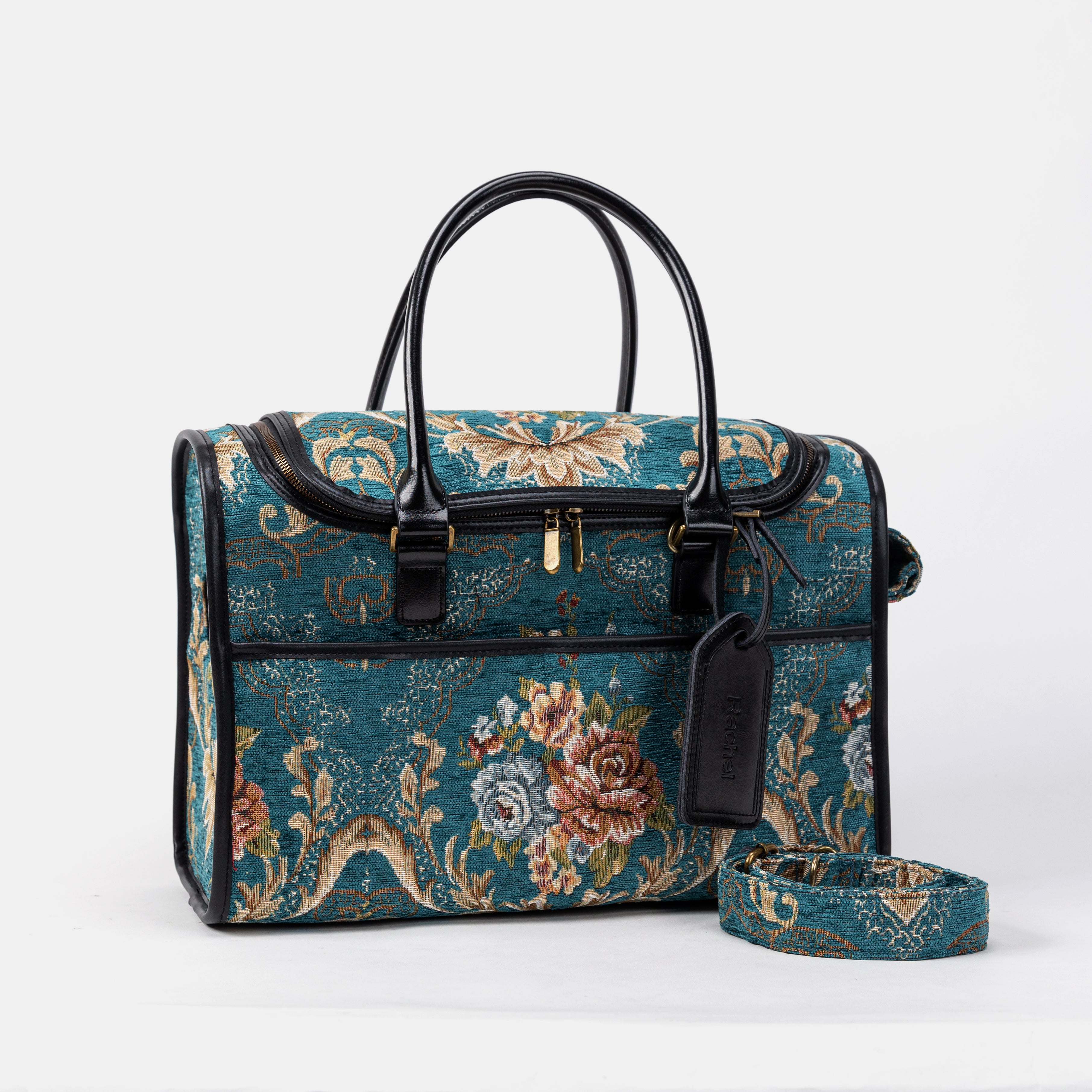 Travel Dog Carrier Bag Floral Teal Shoulder Strap