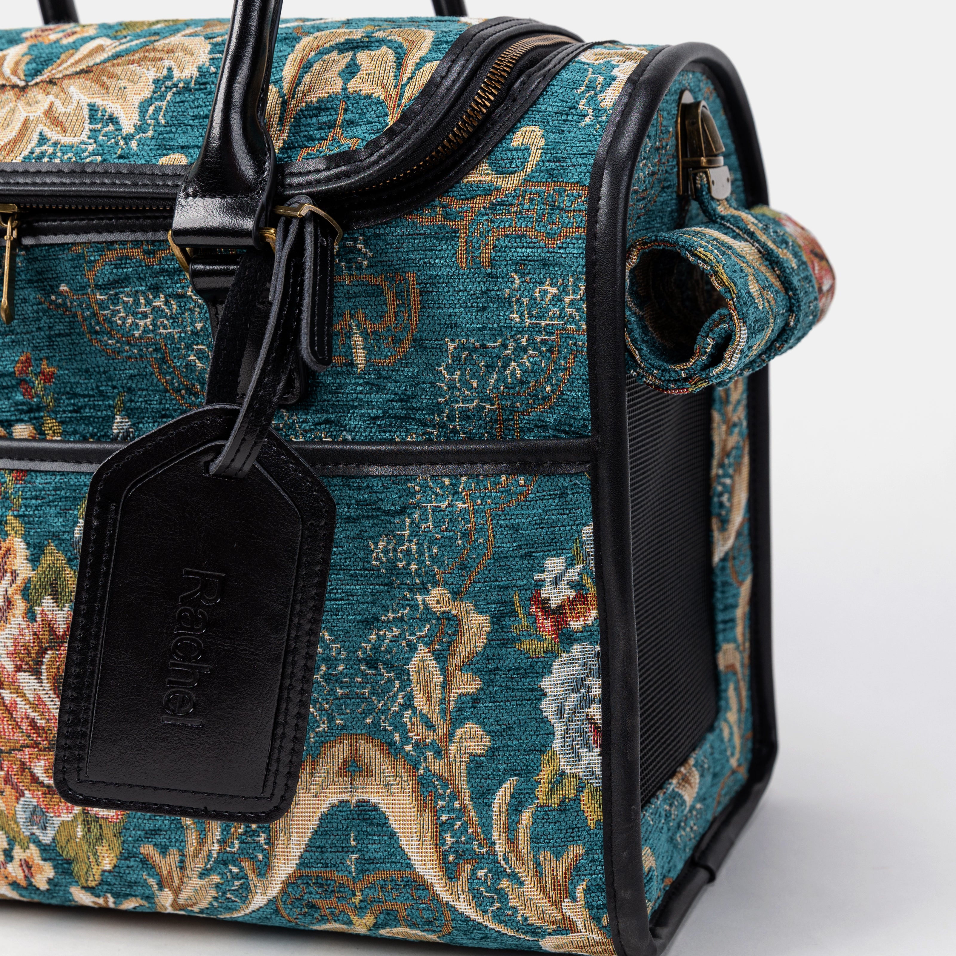 Travel Dog Carrier Bag Floral Teal Tag