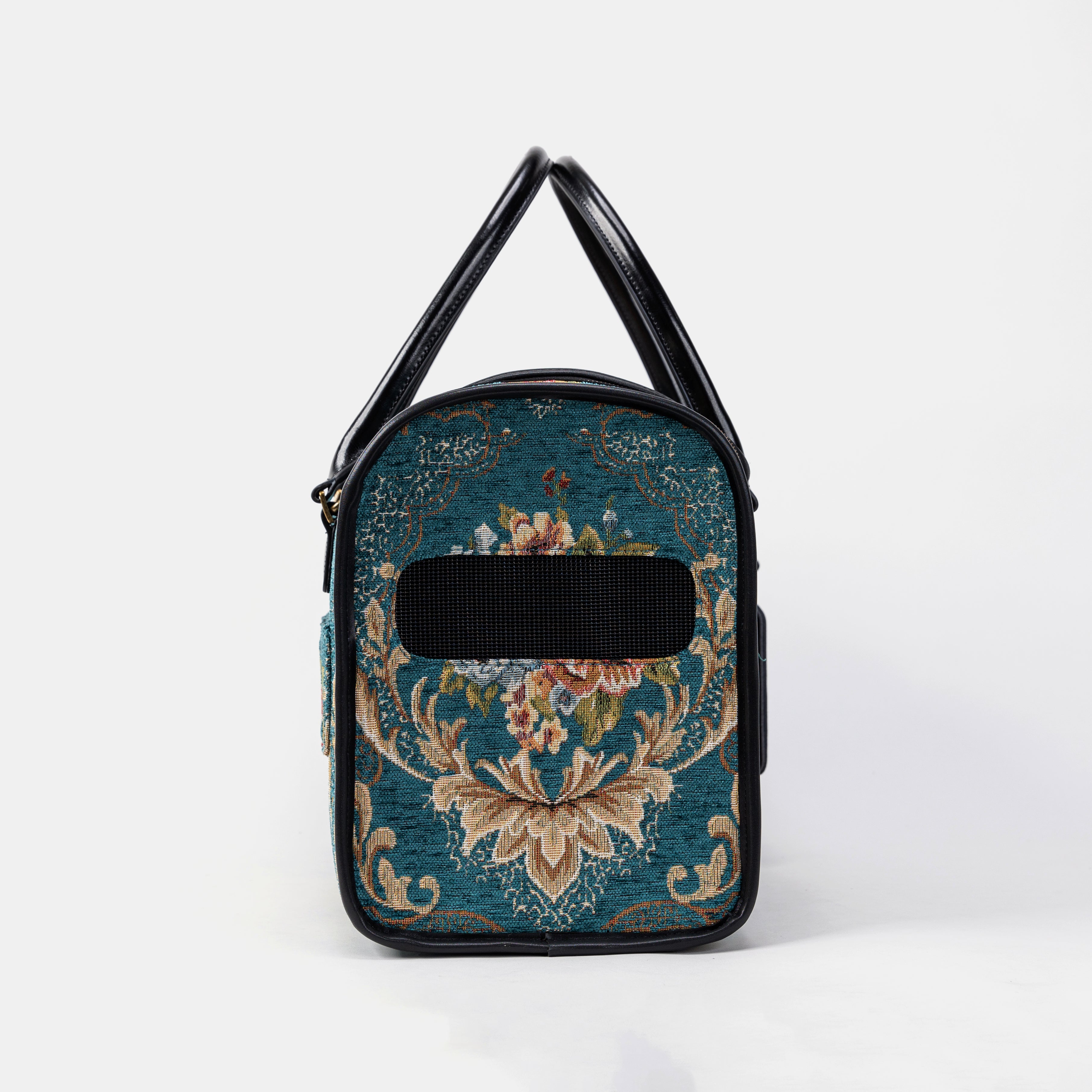 Travel Dog Carrier Bag Floral Teal Side Mesh