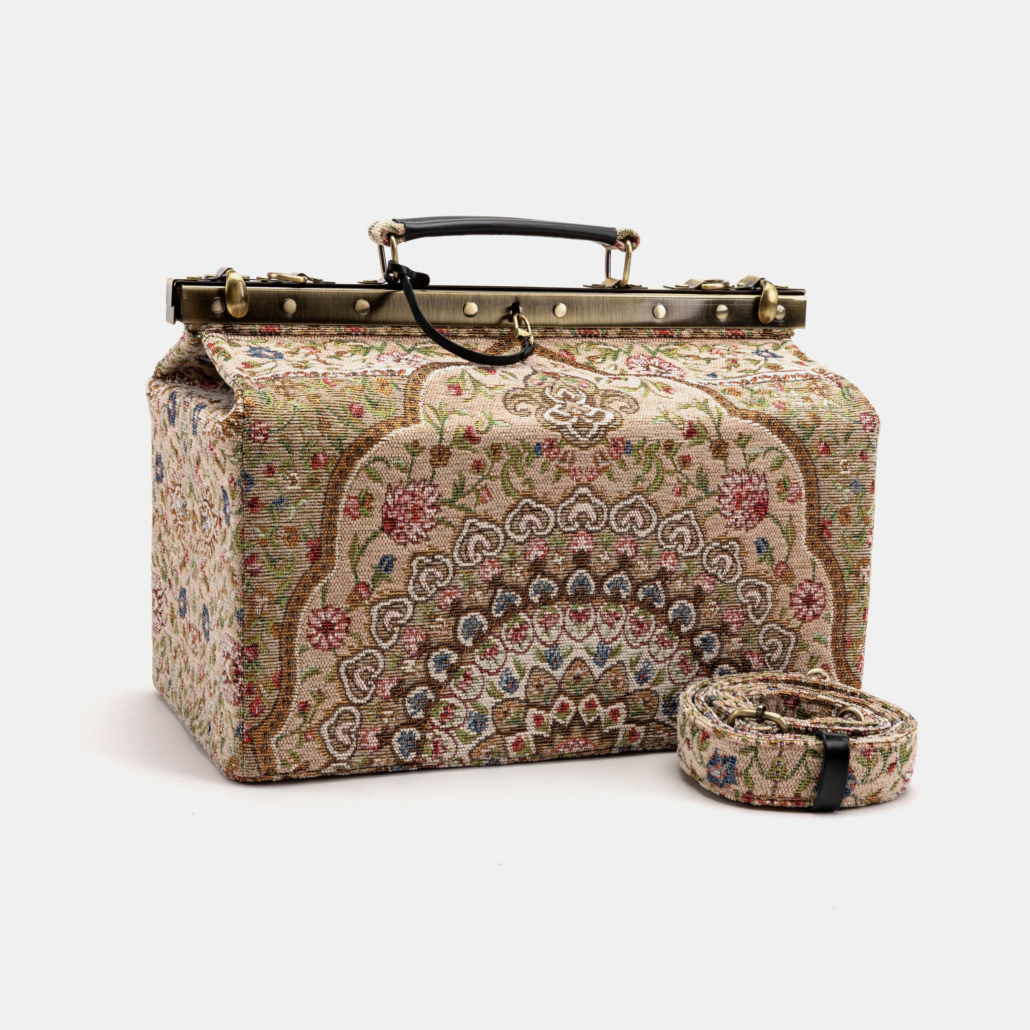Gladstone Bag Carpet Doctor Bag Victorian Weekender Bag Shoulder Frame Bag Genevieve Oriental Beige Carpetbagger Carpetbag of America MAIN