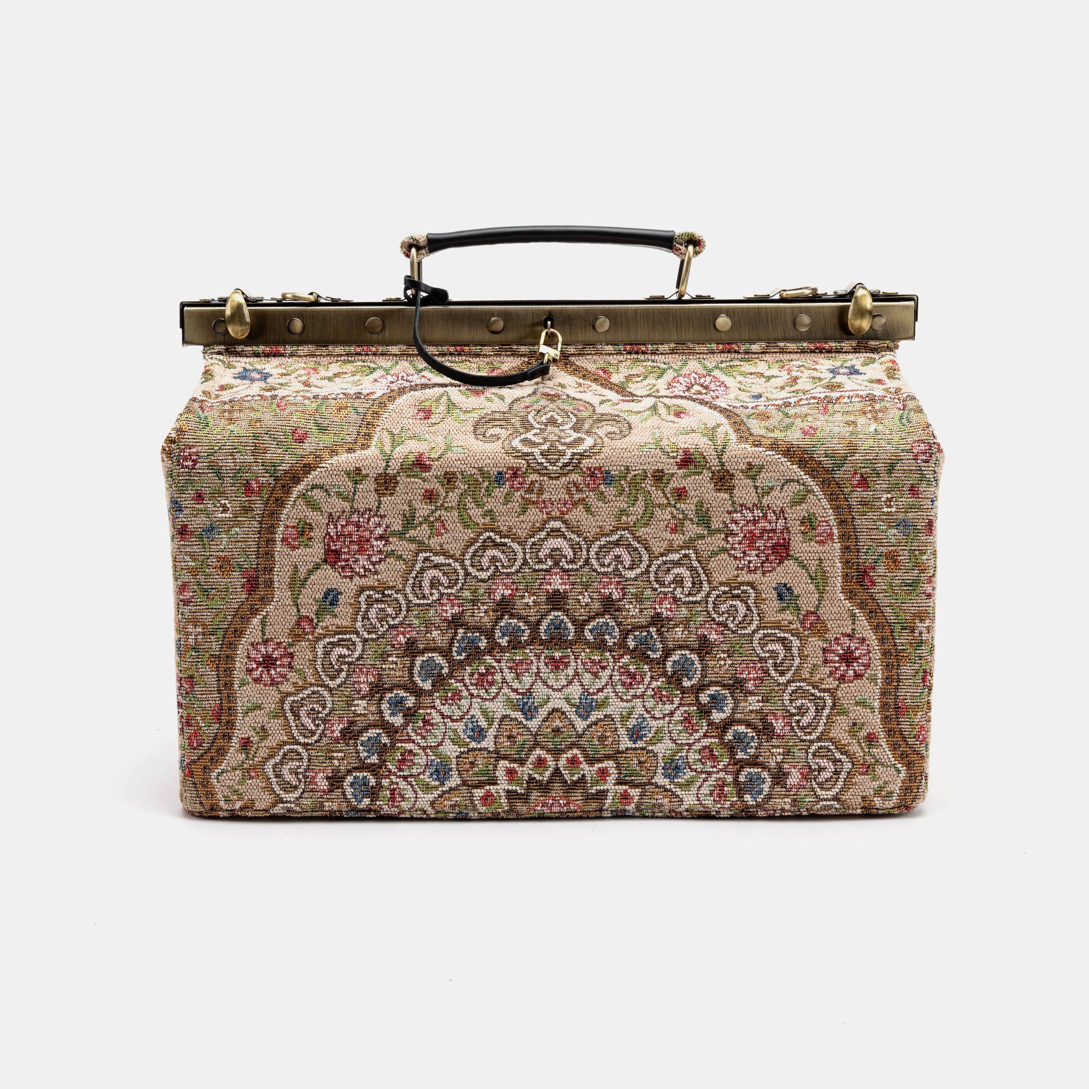 Gladstone Bag Carpet Doctor Bag Victorian Weekender Bag Shoulder Frame Bag Genevieve Oriental Beige Carpetbagger Carpetbag of America front