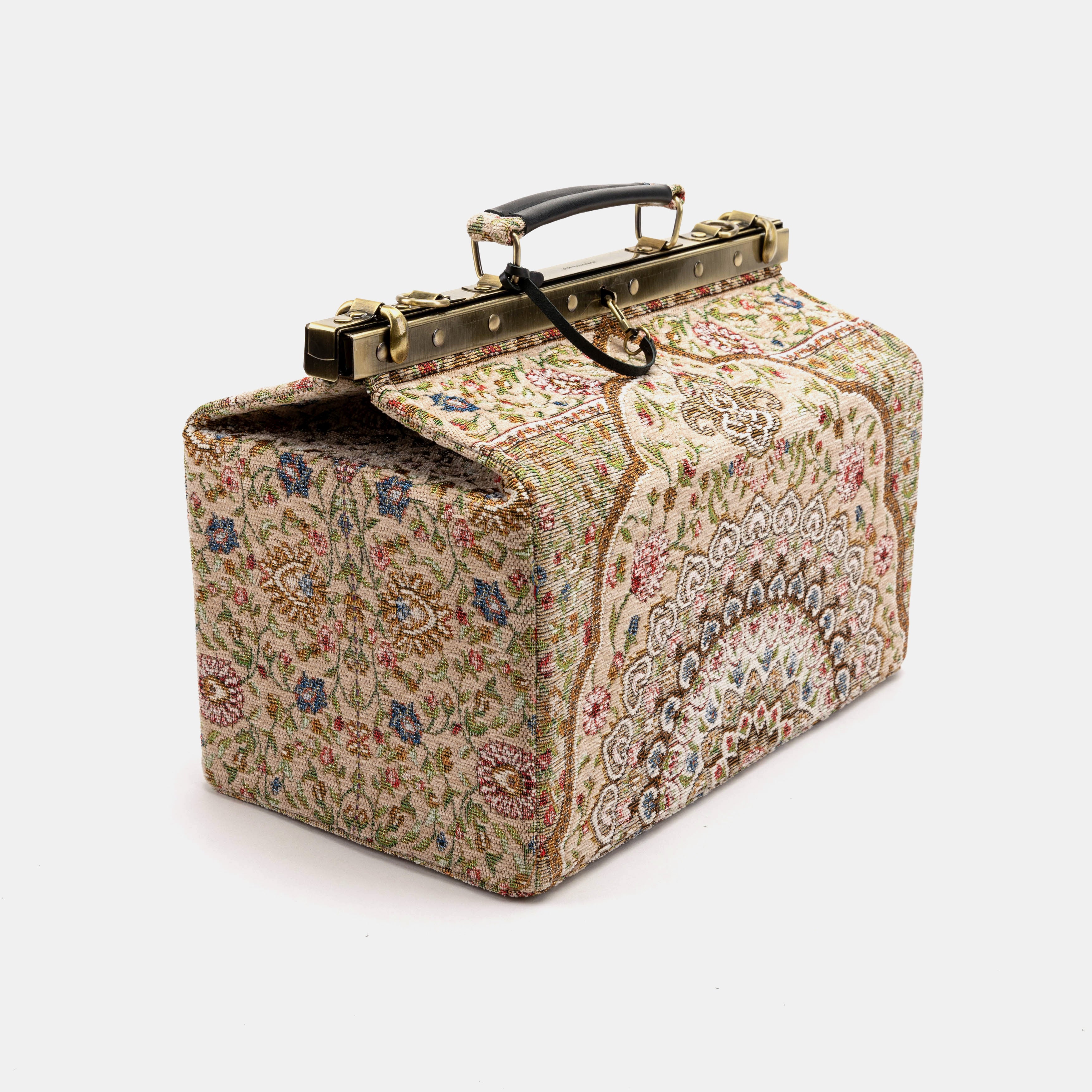 Gladstone Bag Carpet Doctor Bag Victorian Weekender Bag Shoulder Frame Bag Genevieve Oriental Beige Carpetbagger Carpetbag of America front side