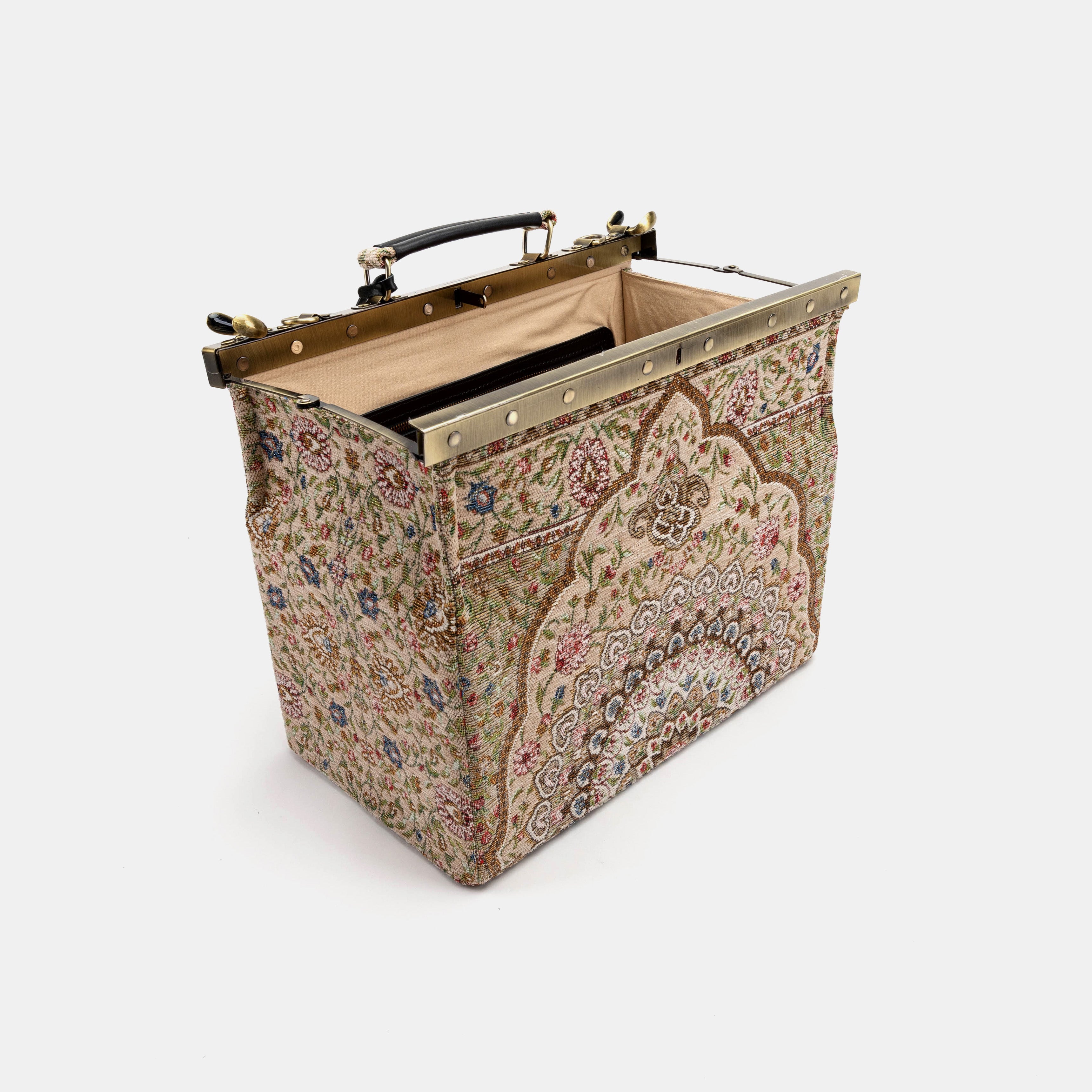 Gladstone Bag Carpet Doctor Bag Victorian Weekender Bag Shoulder Frame Bag Genevieve Oriental Beige Carpetbagger Carpetbag of America open standing