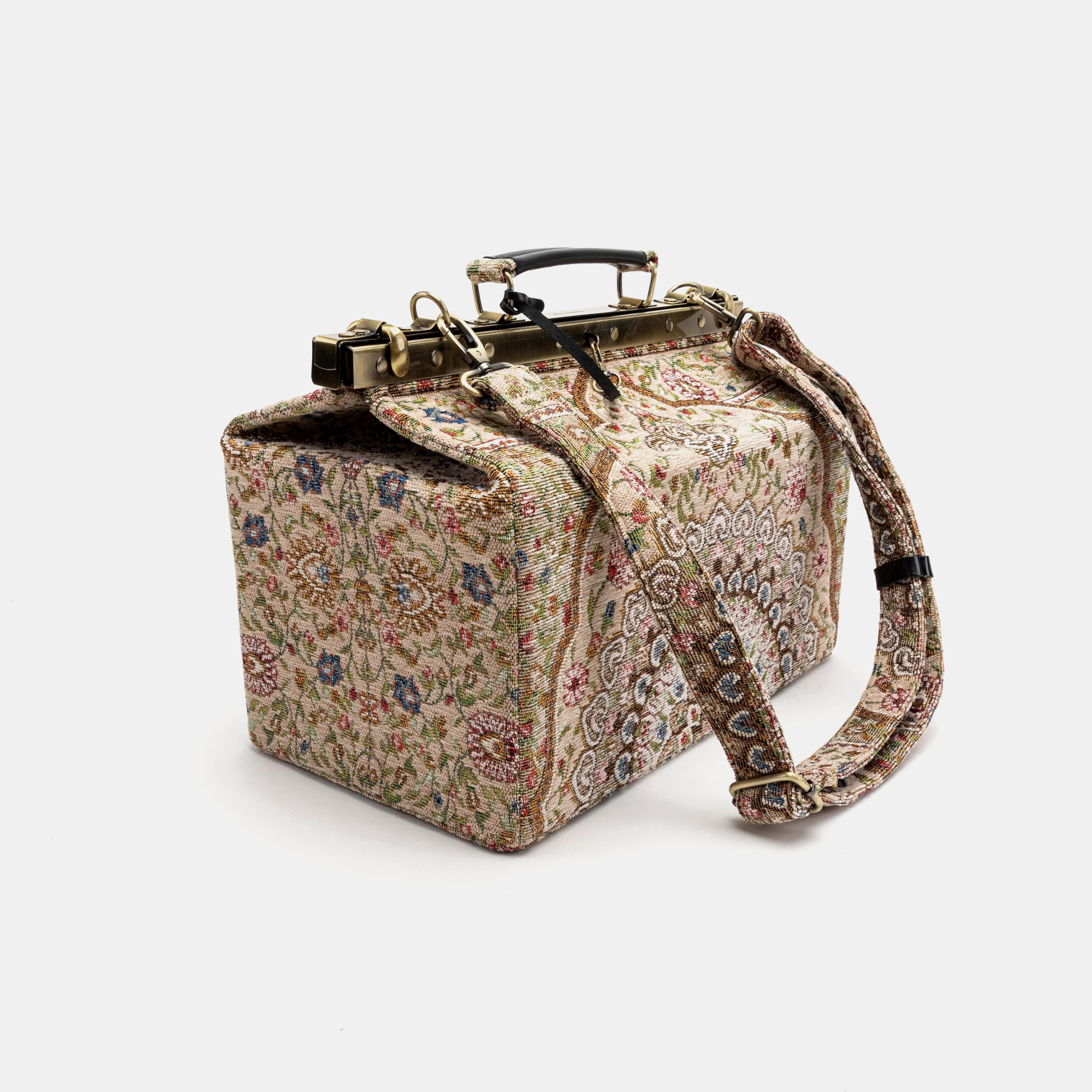 Gladstone Bag Carpet Doctor Bag Victorian Weekender Bag Shoulder Frame Bag Genevieve Oriental Beige Carpetbagger Carpetbag of America with shoulder strap