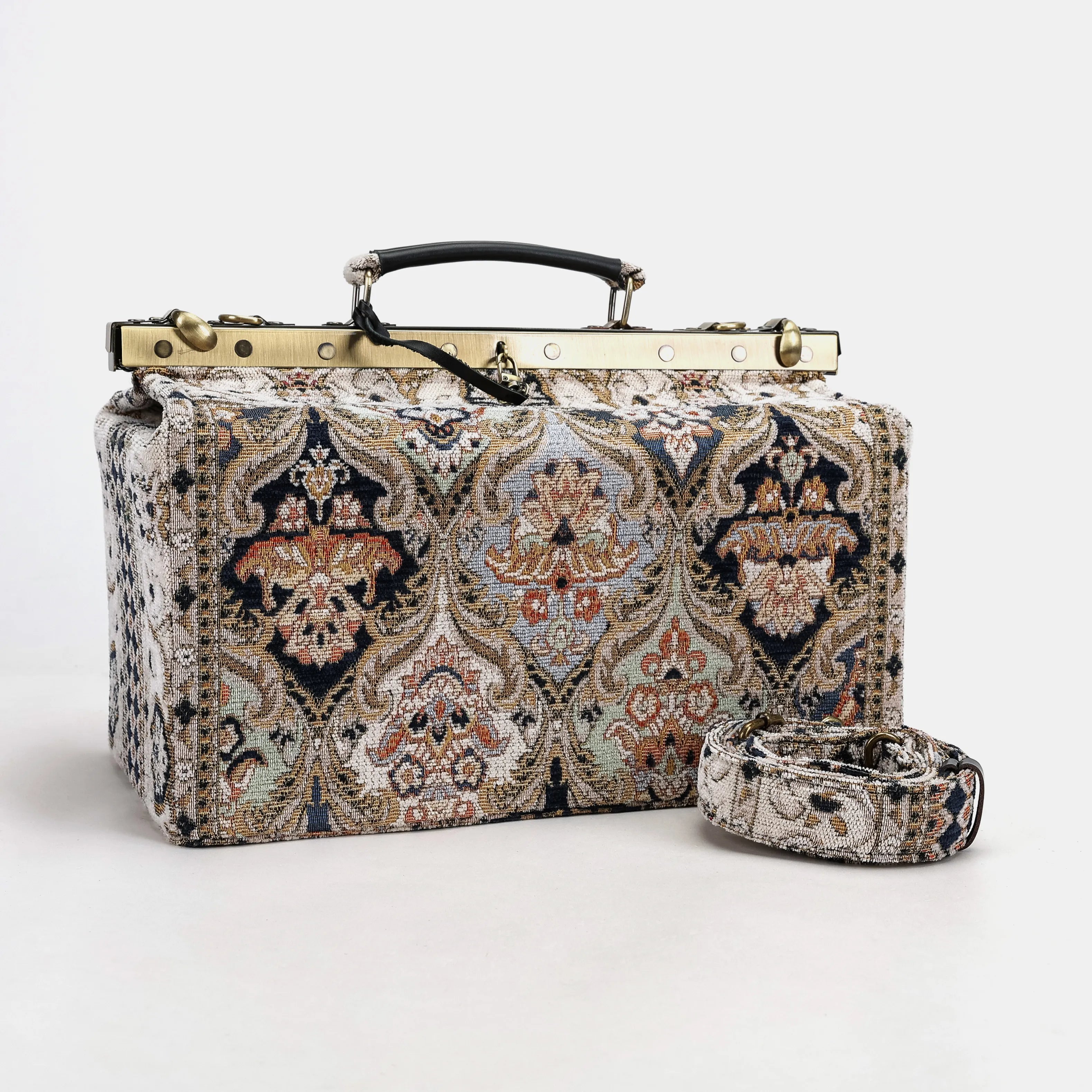 Gladstone Bag Carpet Doctor Bag Victorian Weekender Bag Shoulder Frame Bag Genevieve Golden Age Navy Carpetbagger Carpetbag of America main