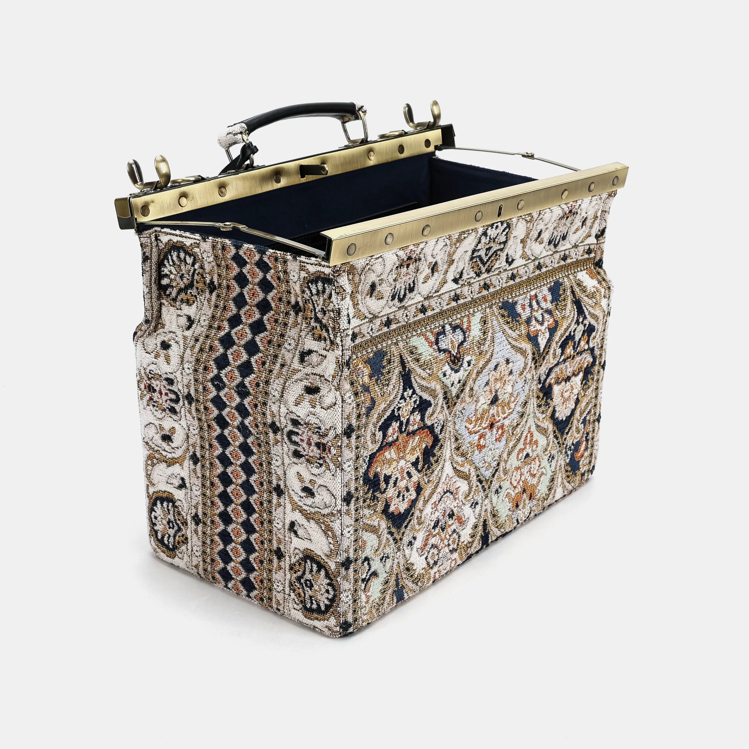 Gladstone Bag Carpet Doctor Bag Victorian Weekender Bag Shoulder Frame Bag Genevieve Golden Age Navy Carpetbagger Carpetbag of America open and stand