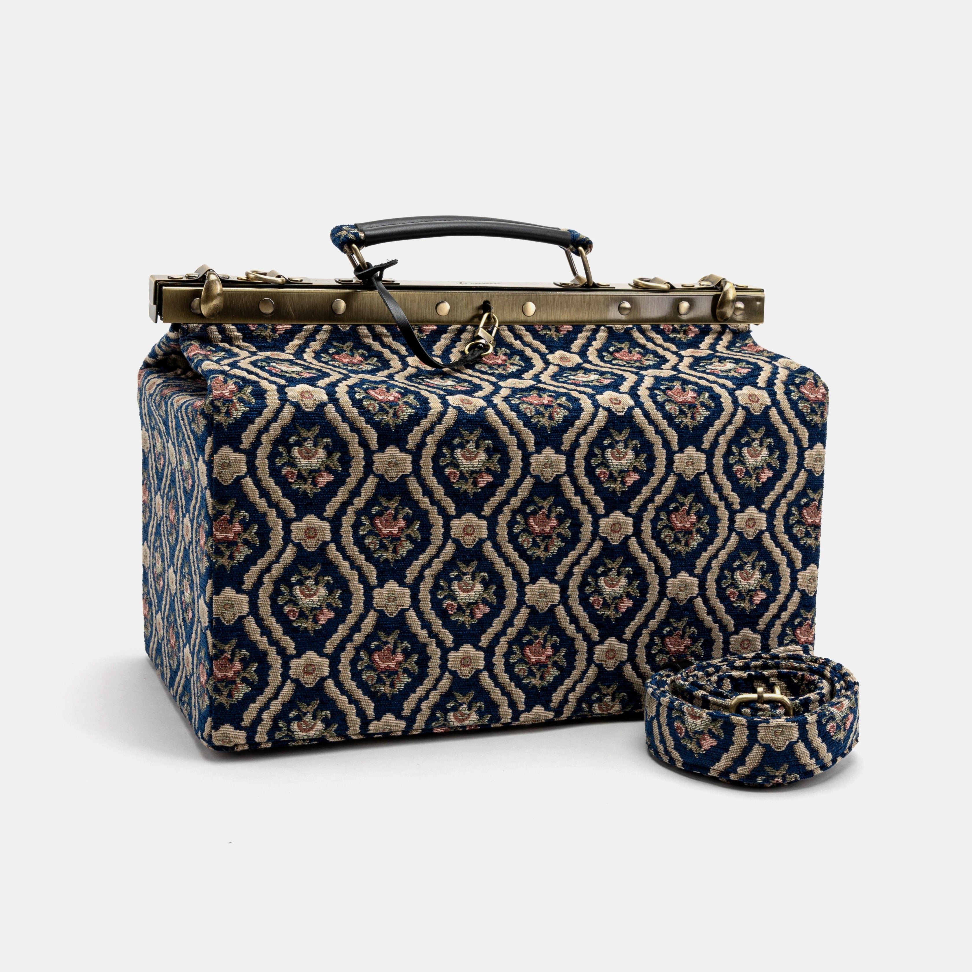 Gladstone Bag Carpet Doctor Bag Victorian Weekender Bag Shoulder Frame Bag Genevieve Golden Age Navy Carpetbagger Carpetbag of America main