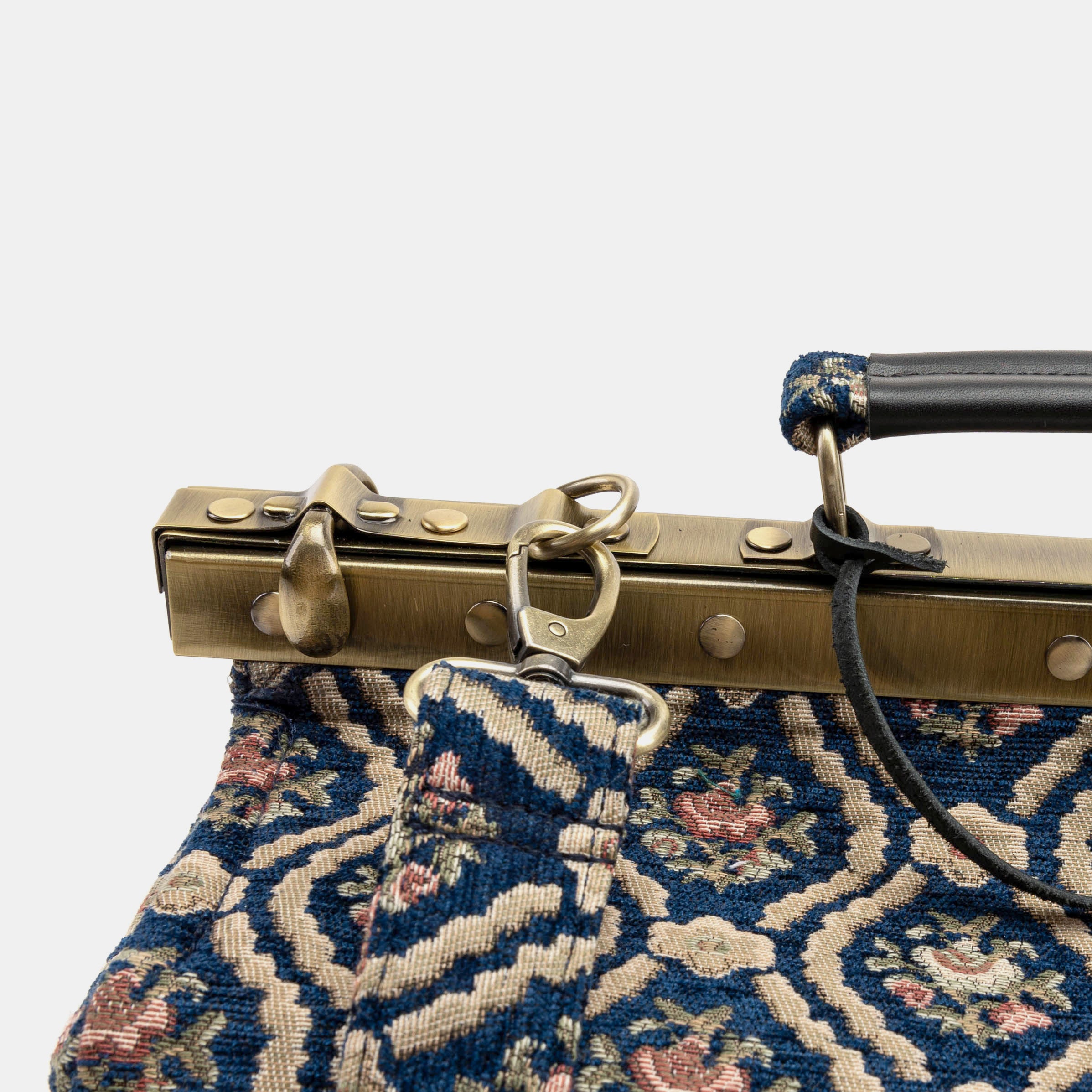Gladstone Bag Carpet Doctor Bag Victorian Weekender Bag Shoulder Frame Bag Genevieve Golden Age Navy Carpetbagger Carpetbag of America clasp