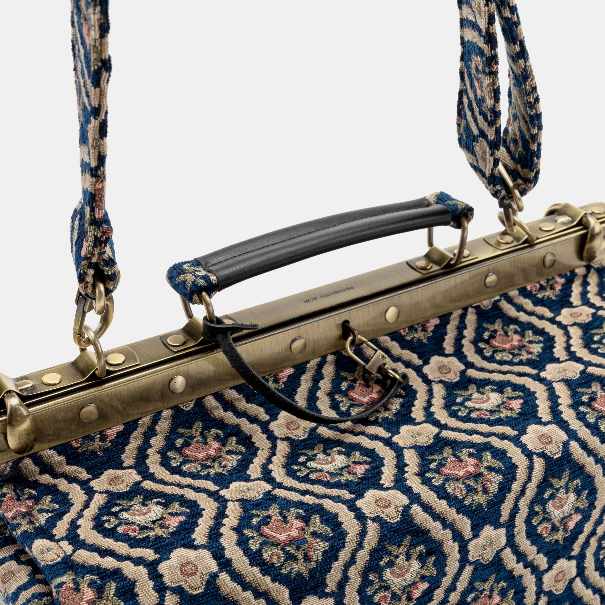 Gladstone Bag Carpet Doctor Bag Victorian Weekender Bag Shoulder Frame Bag Genevieve Golden Age Navy Carpetbagger Carpetbag of America handle