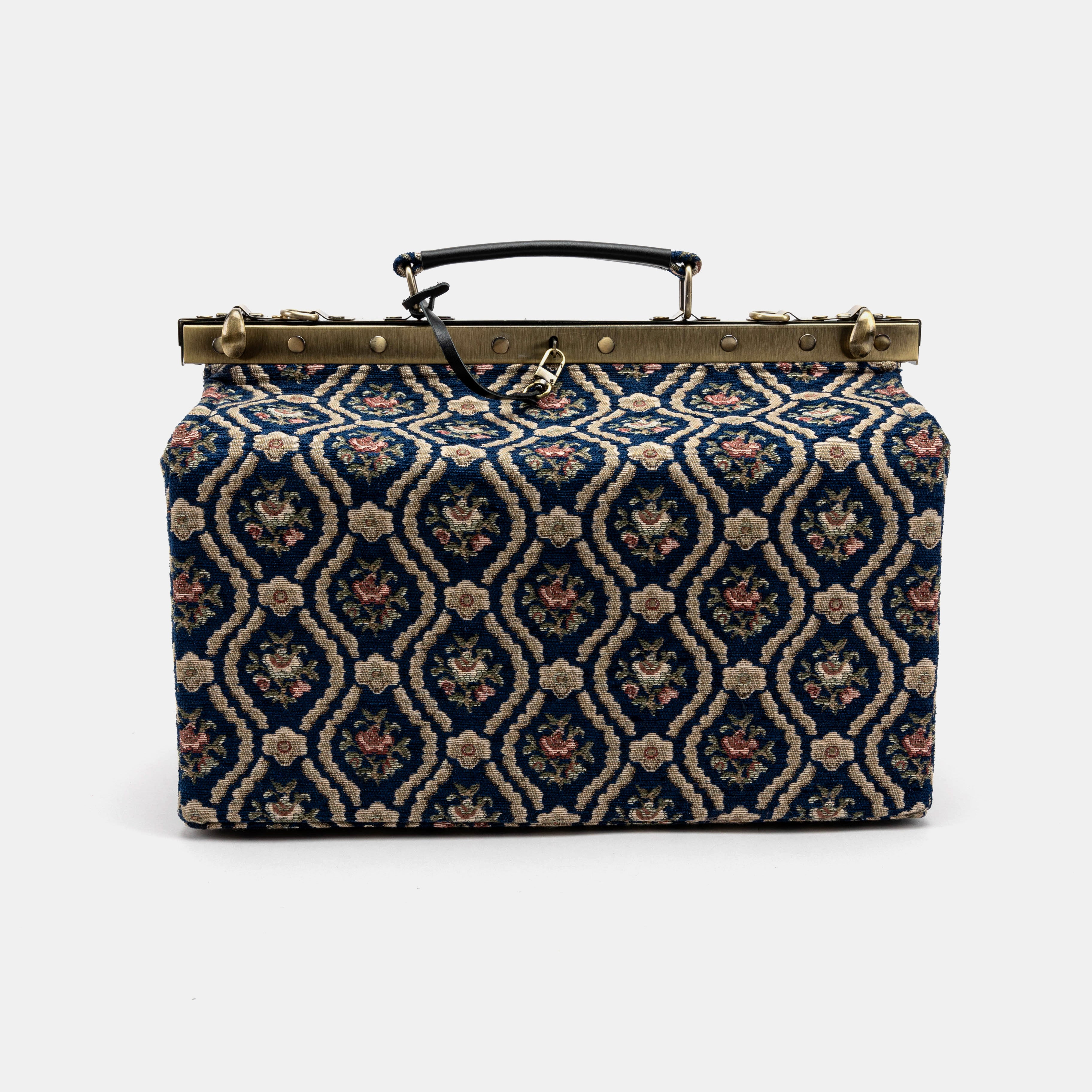 Gladstone Bag Carpet Doctor Bag Victorian Weekender Bag Shoulder Frame Bag Genevieve Golden Age Navy Carpetbagger Carpetbag of America front