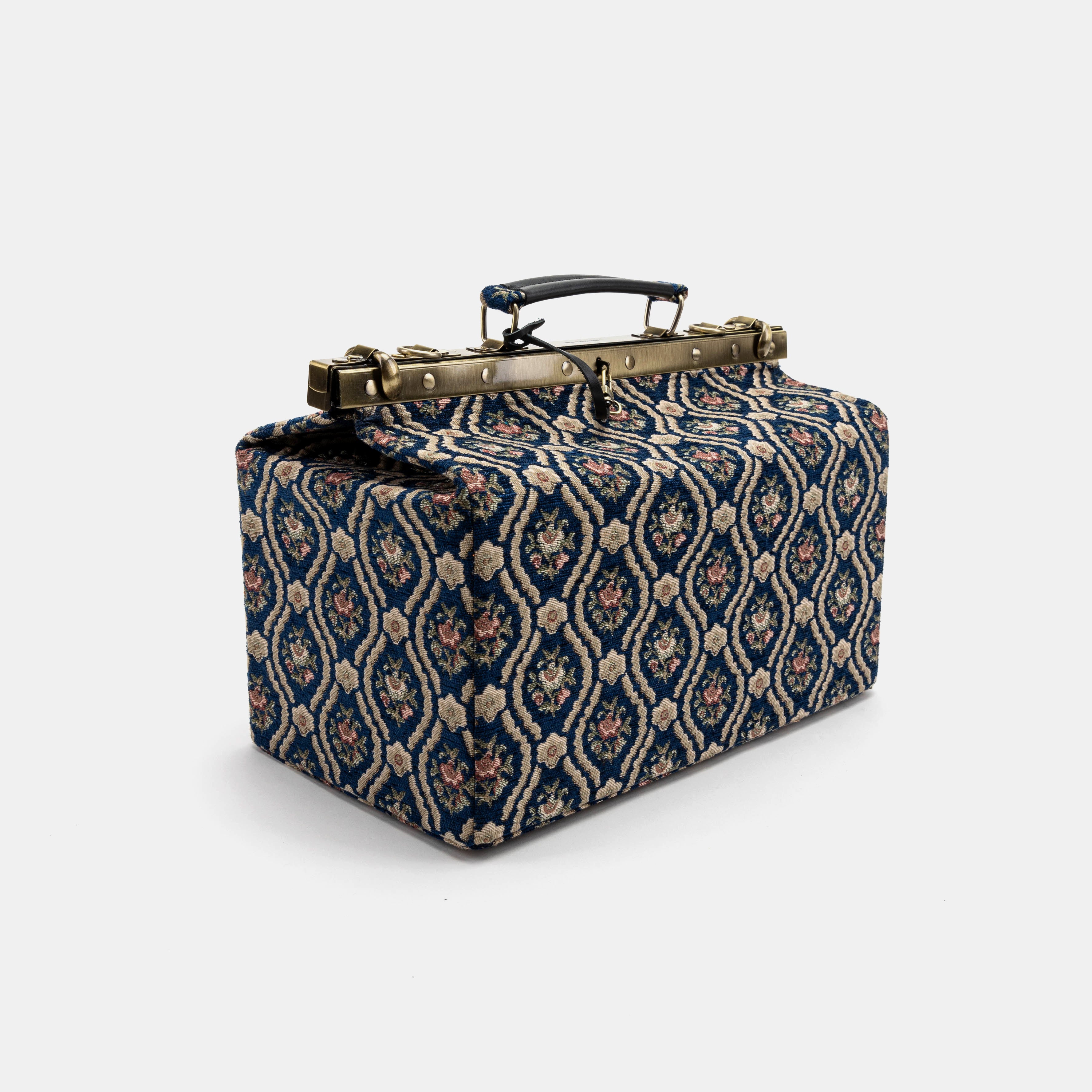 Gladstone Bag Carpet Doctor Bag Victorian Weekender Bag Shoulder Frame Bag Genevieve Golden Age Navy Carpetbagger Carpetbag of America front side