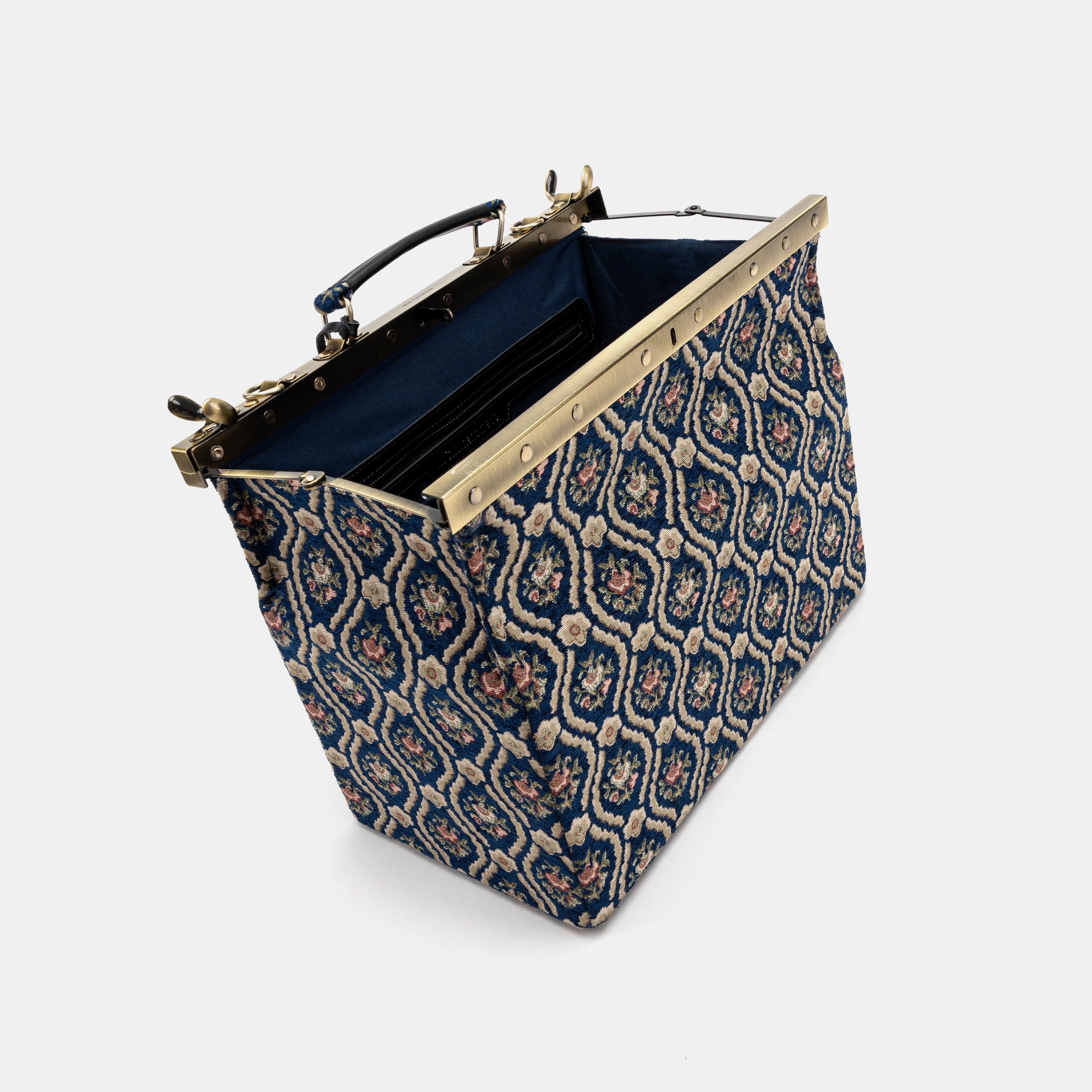 Gladstone Bag Carpet Doctor Bag Victorian Weekender Bag Shoulder Frame Bag Genevieve Golden Age Navy Carpetbagger Carpetbag of America open standing