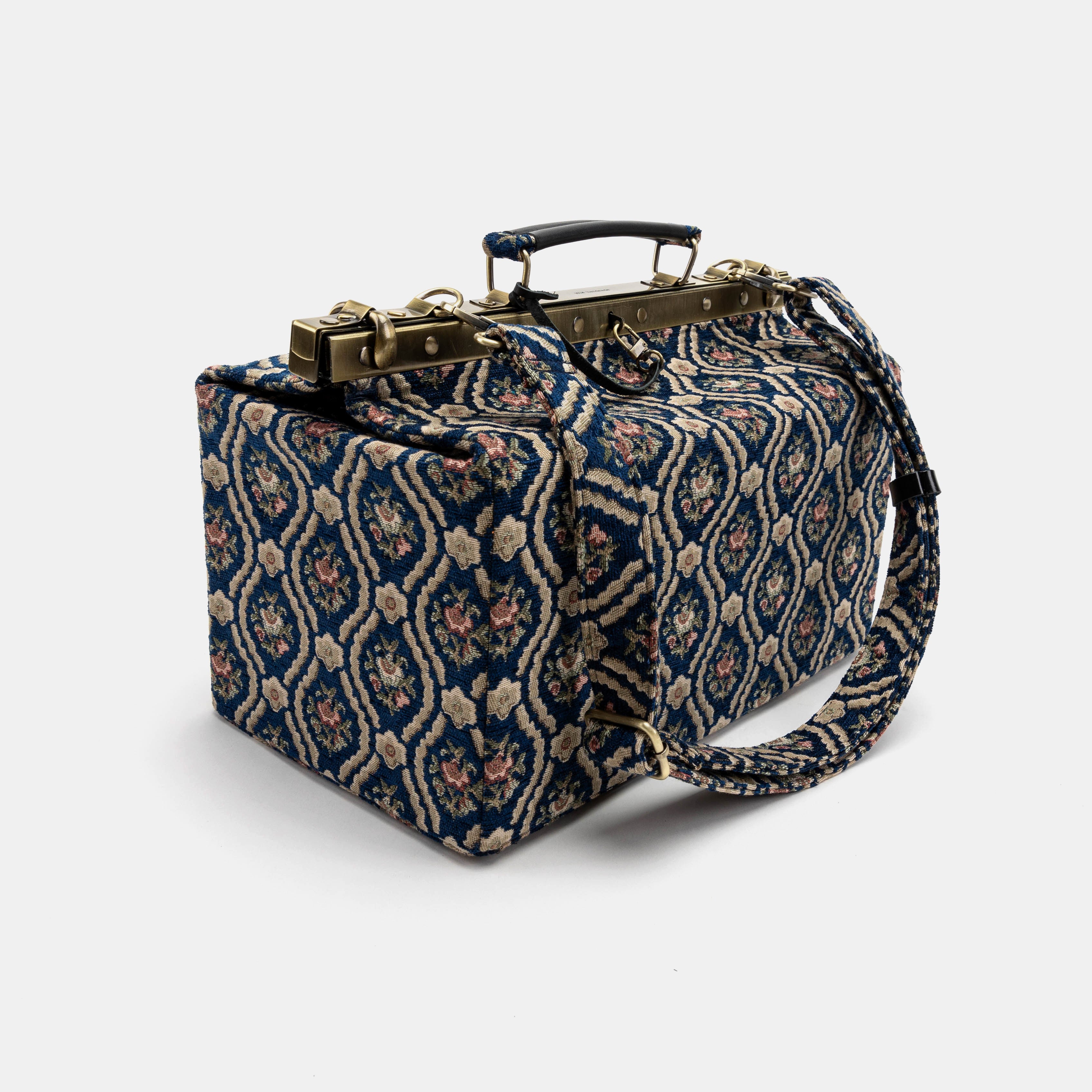 Gladstone Bag Carpet Doctor Bag Victorian Weekender Bag Shoulder Frame Bag Genevieve Golden Age Navy Carpetbagger Carpetbag of America front side