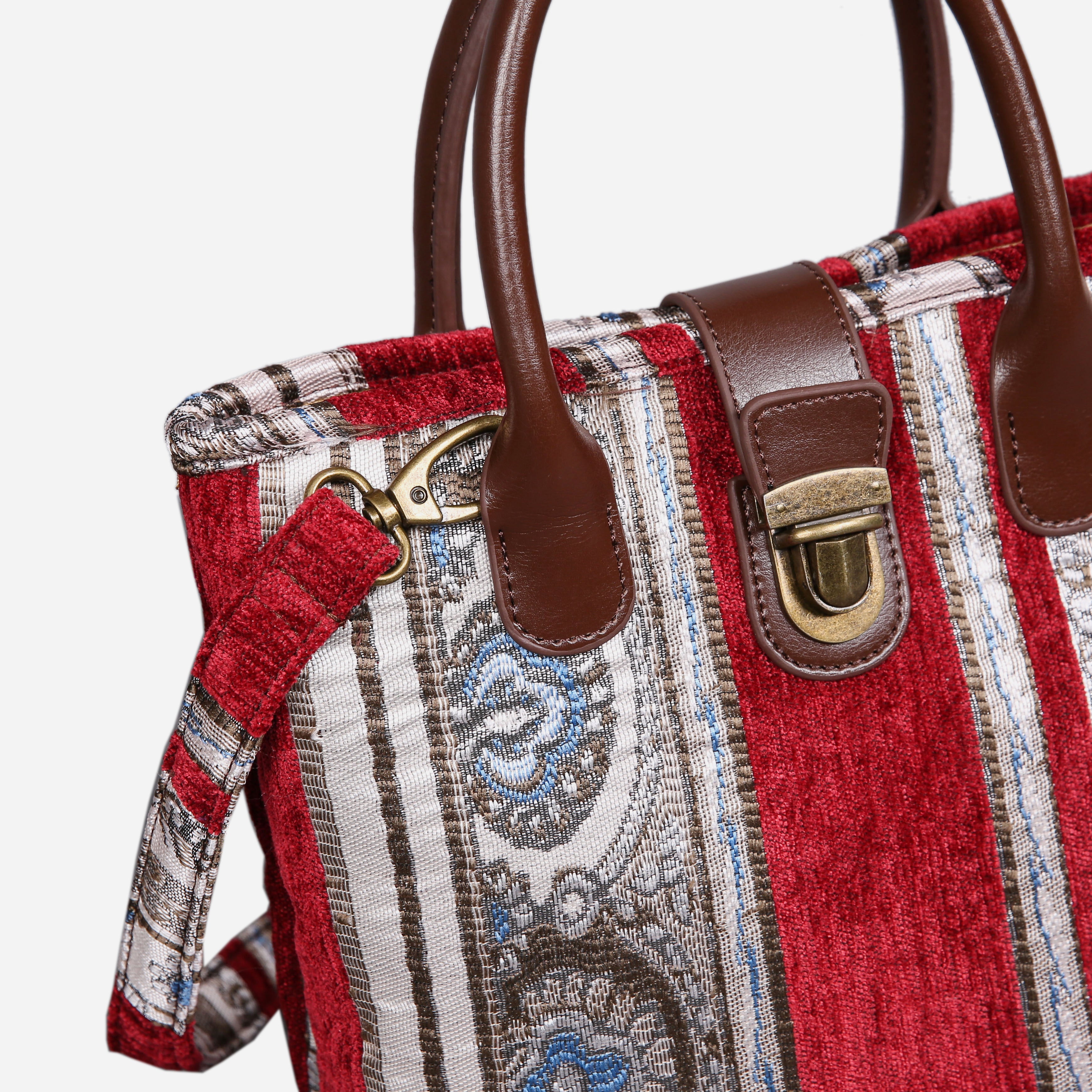 Ethnic Strips Wine Tuck Lock Carpet Satchel carpet bag MCW Handmade-4