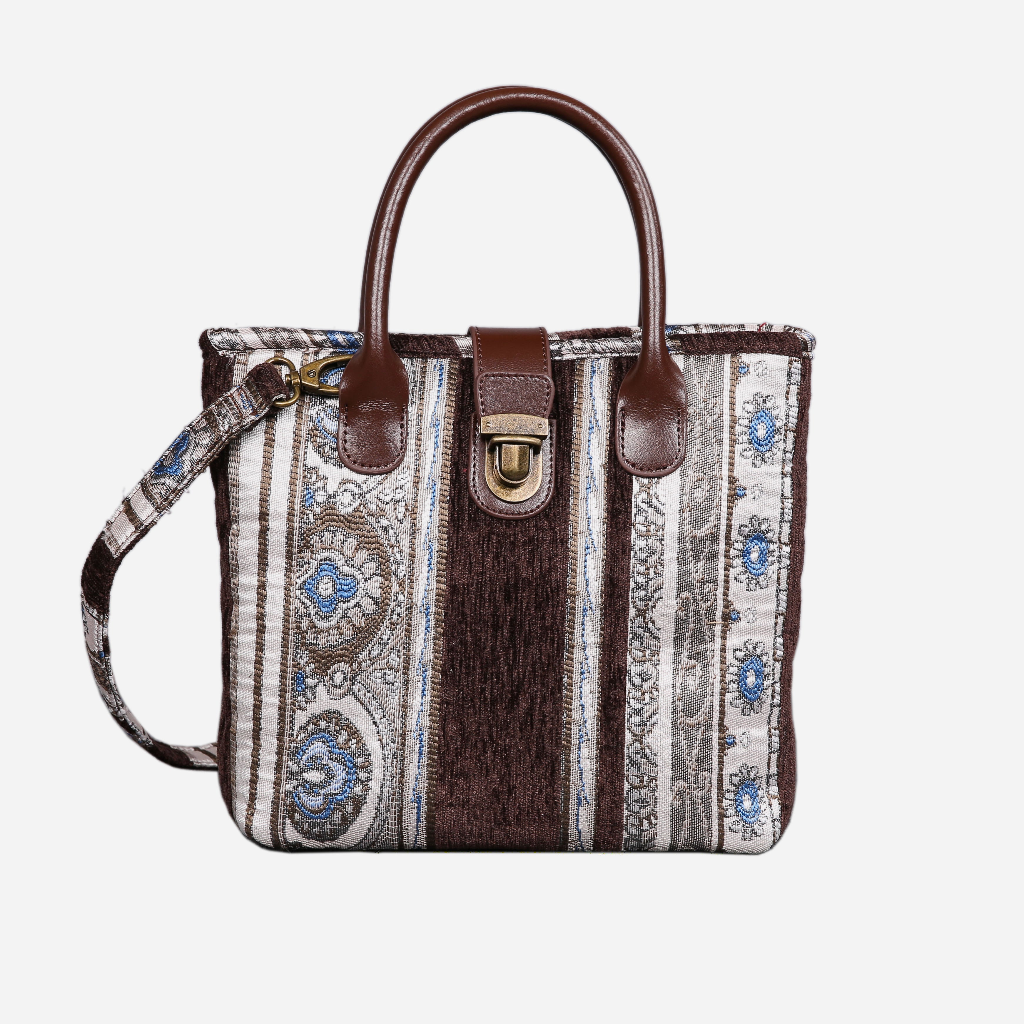 Ethnic Strips Coffee Tuck Lock Carpet Satchel carpet bag MCW Handmade