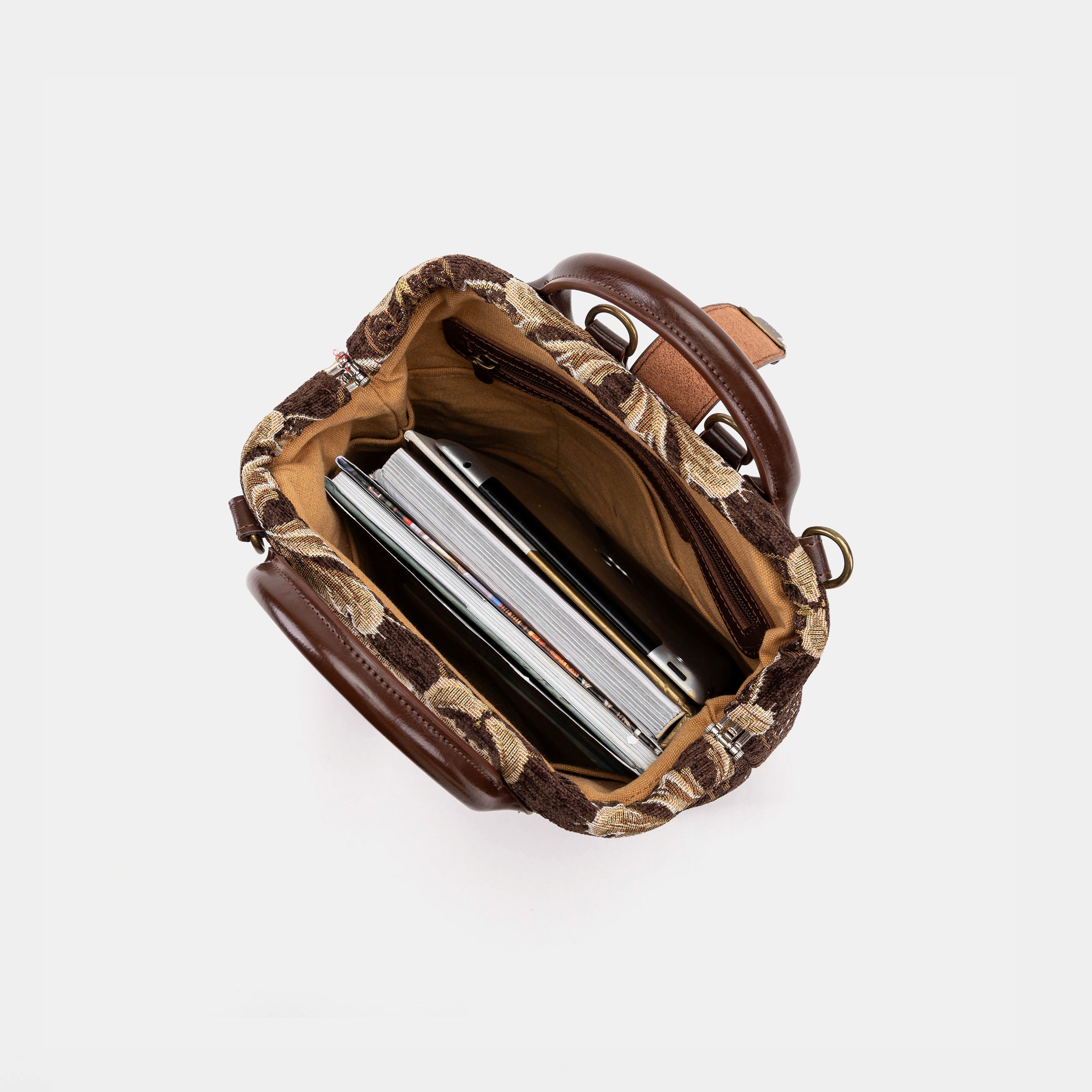 Floral Brown Carpet Everyday Backpack Carpetbag of America in use