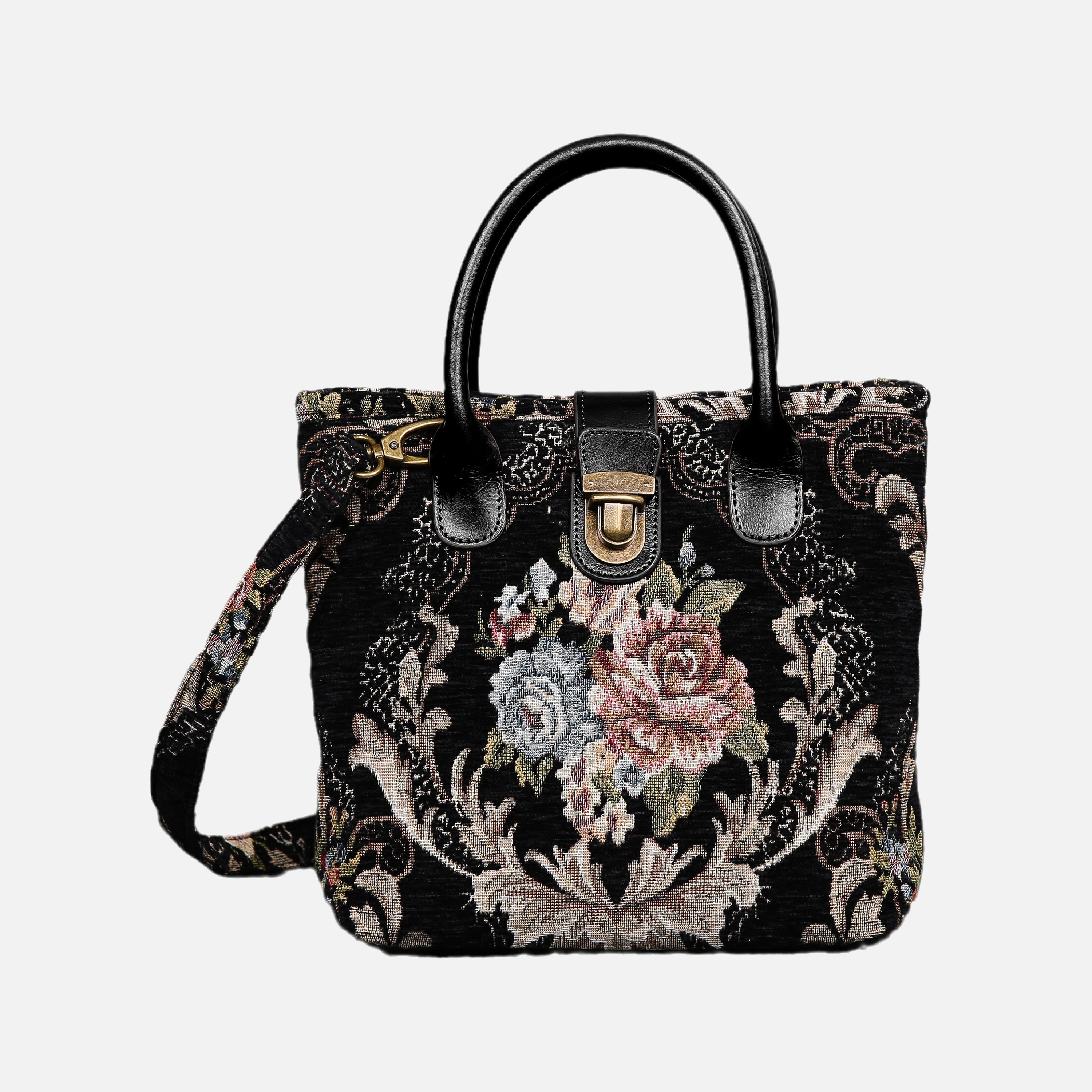 Floral Black Leather Black Tuck Lock Carpet Satchel carpet bag MCW Handmade