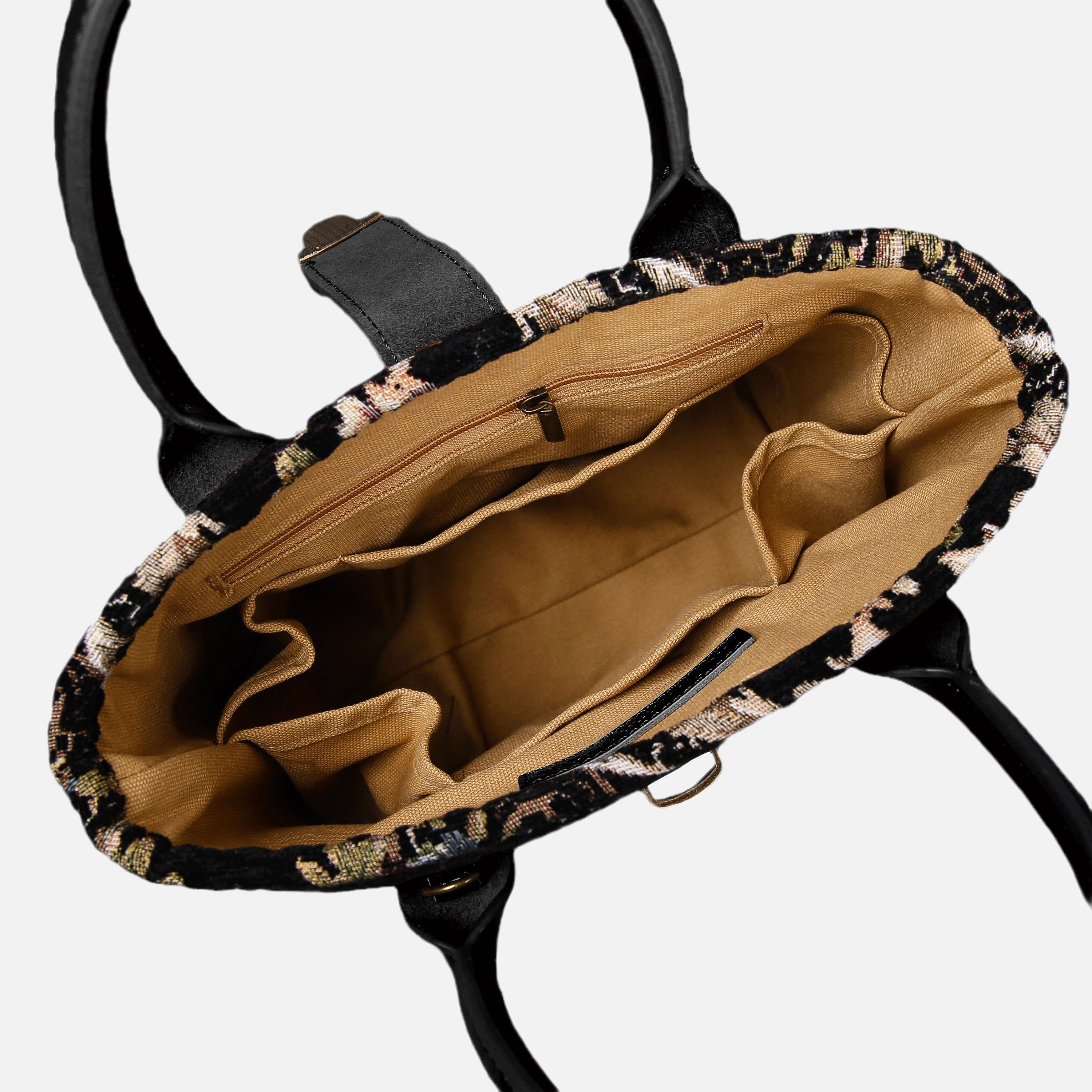 Floral Black Leather Black Tuck Lock Carpet Satchel carpet bag MCW Handmade-5