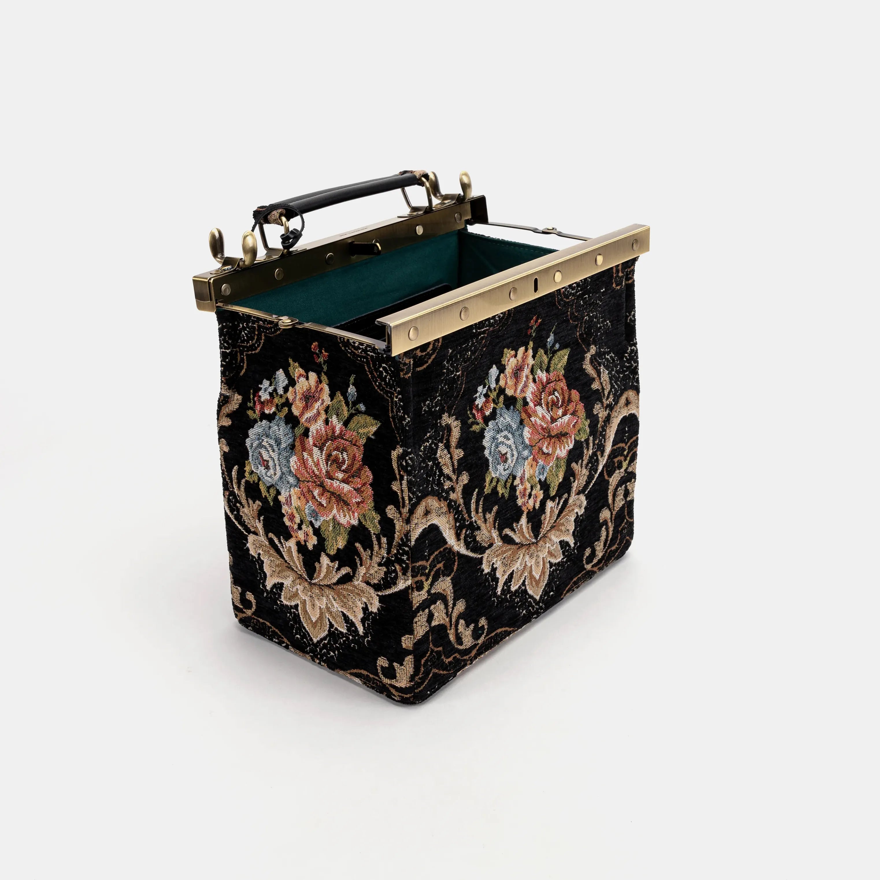 Floral Black Vivienne Carpet Purse Gladstone Bag of America open and stand