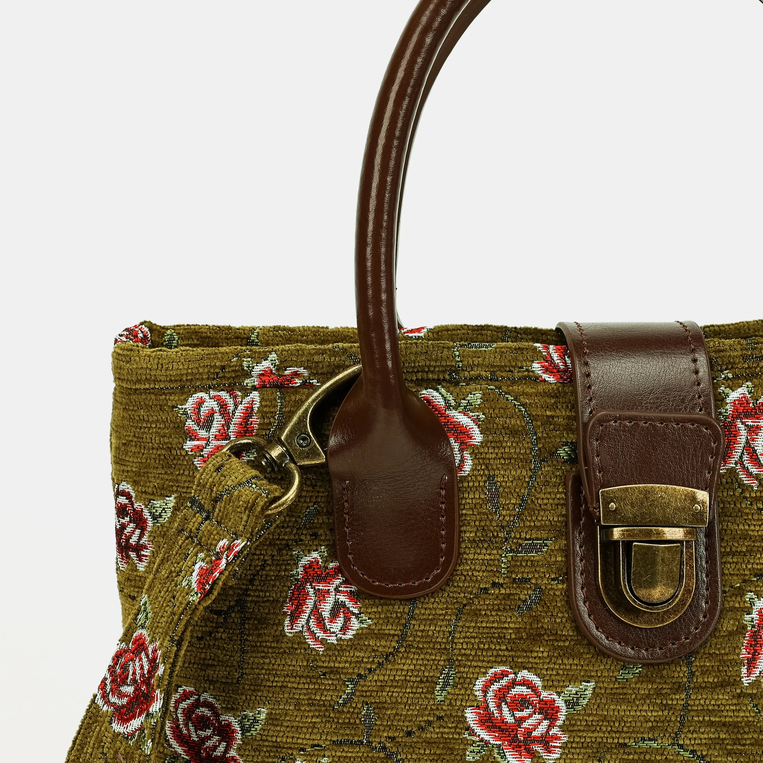 Climbing Rose Avocado Tuck Lock Carpet Satchel Carpetbag of America details