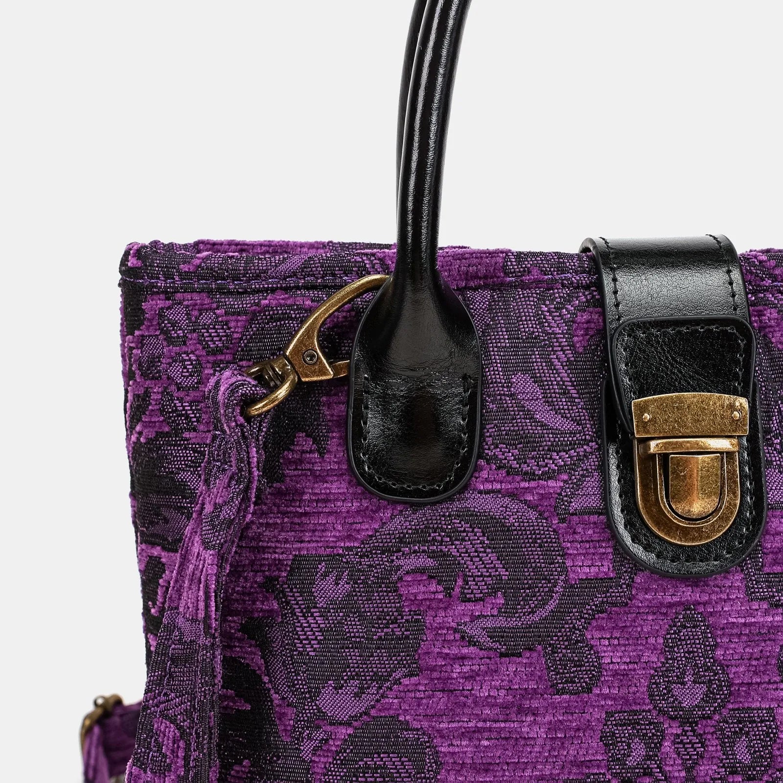 Victorian Blossom Purple Tuck Lock Carpet Satchel of America details